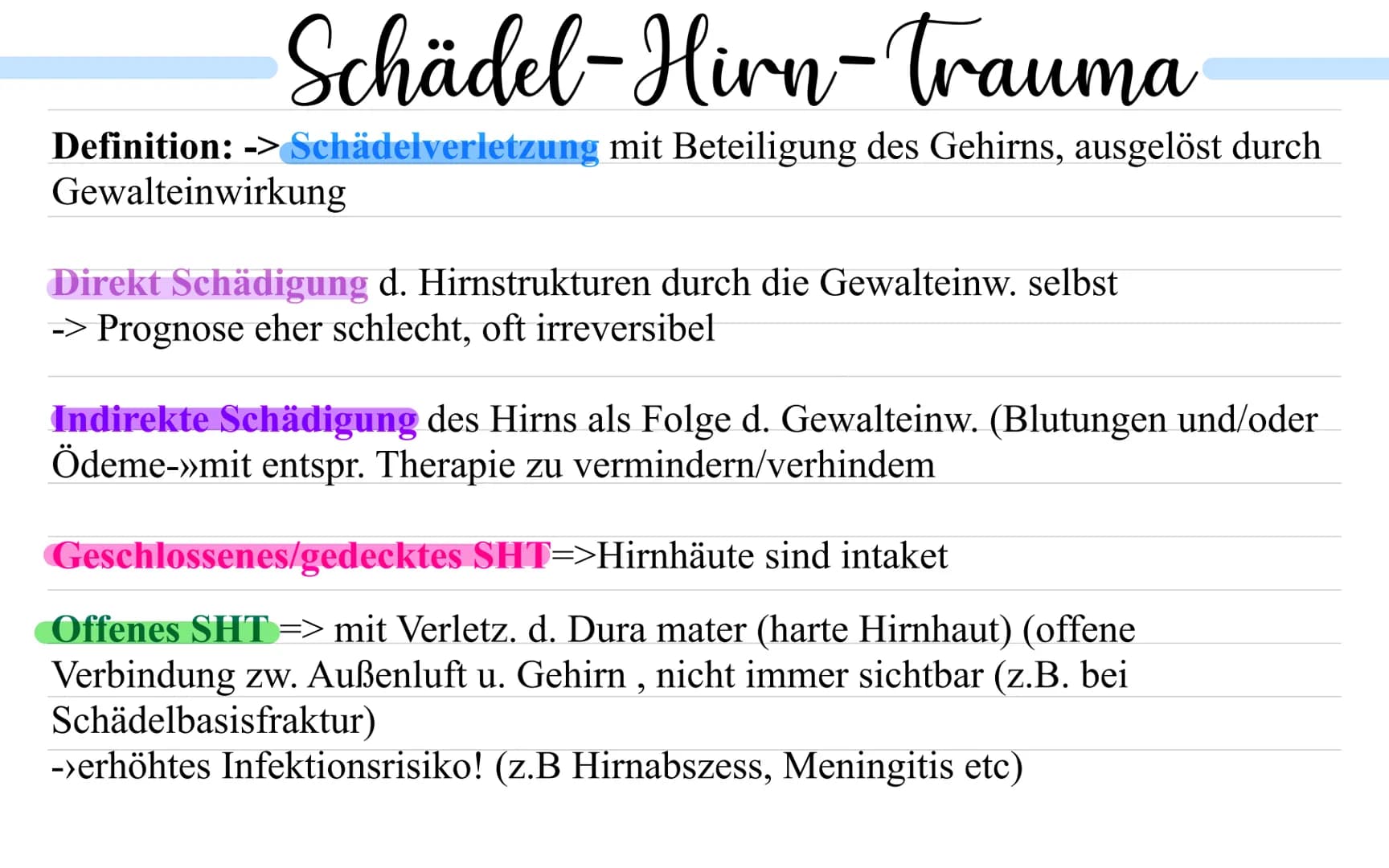 # Schädel-Hirn-trauma
Definition: -> Schädelverletzung mit Beteiligung des Gehirns, ausgelöst durch
Gewalteinwirkung
Direkt Schädigung d.