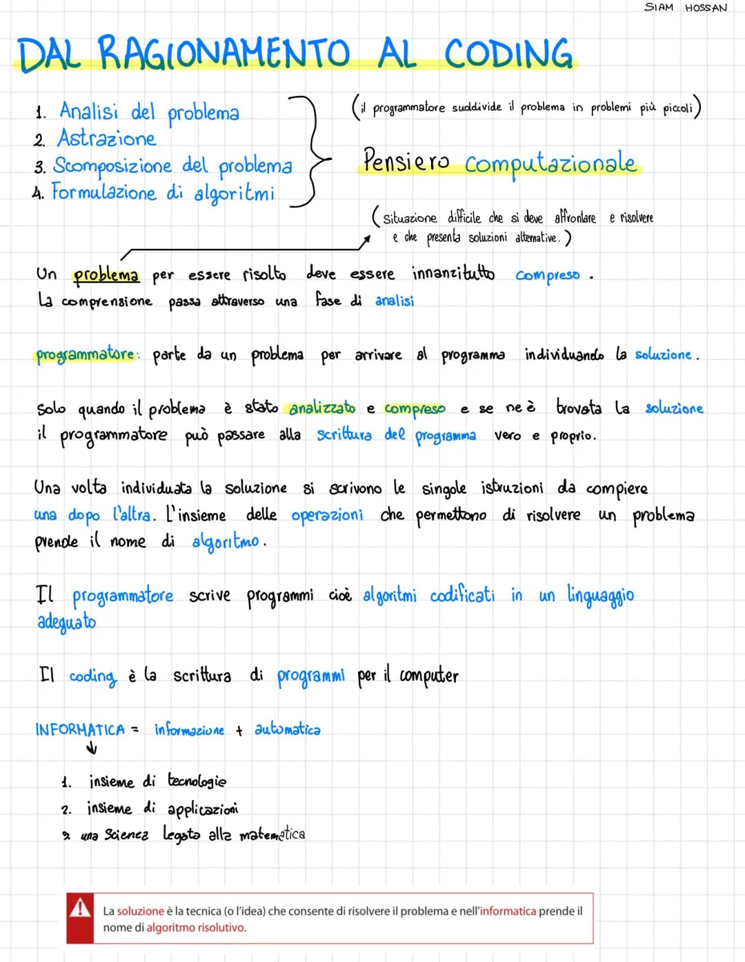 # DAL RAGIONAMENTO AL CODING
SIAM HOSSAN
1. Analisi del problema
2. Astrazione
3. Scomposizione del problema
4. Formulazione di algoritmi
