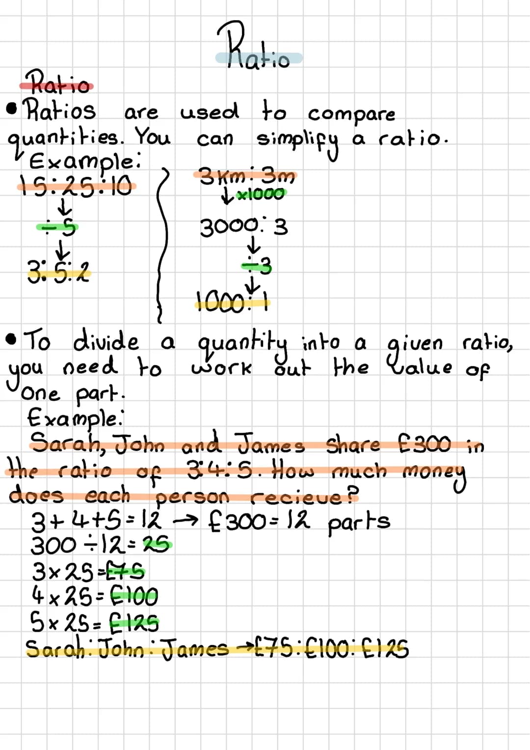<p>Ratio</p>
<p>Ratios are used to compare quantities. You can simplify a ratio, for example:<br>3km: 3m = (3 x 1000) : 3 = 3000 : 3.</p>
<