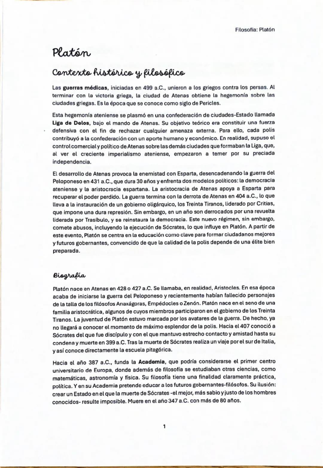 Filosofía: Platón
# Platón
## Contexto histórico y filosófico
Las guerras médicas, iniciadas en 499 a.C., unieron a los griegos contra lo