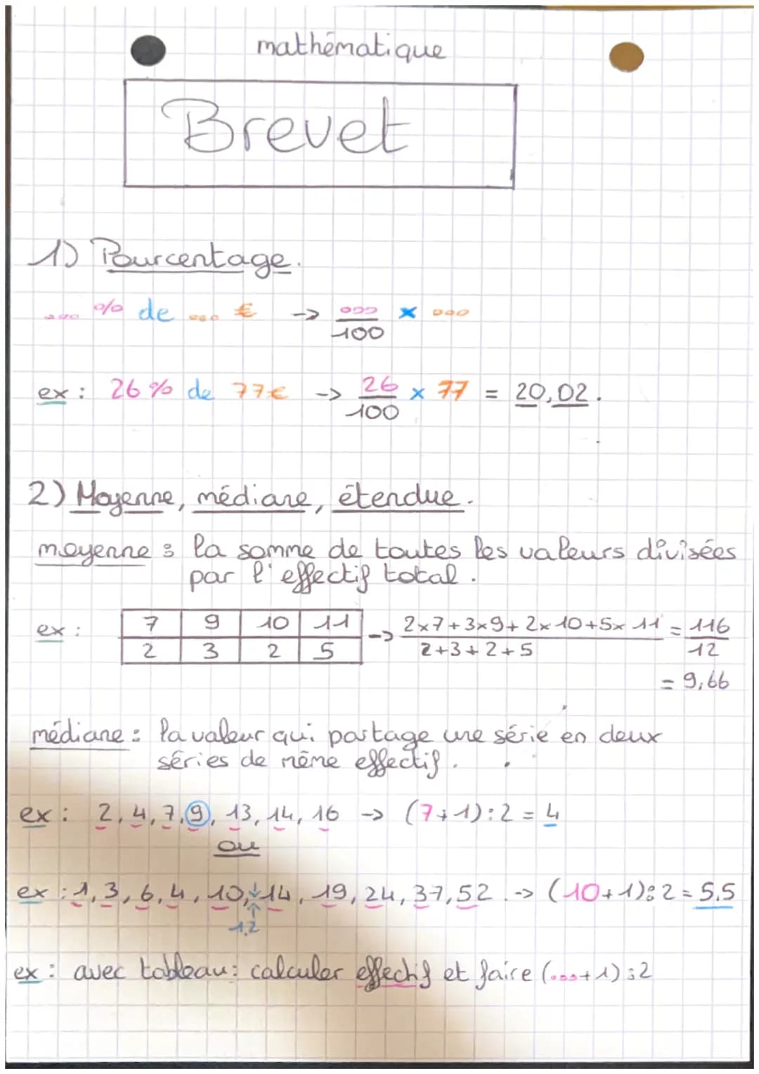 mathématique
# Brevet
1) Pourcentage.
$\% \text{ de... } € \rightarrow \frac{...}{100} \times ...$
ex: 26% de 77€ $\rightarrow \frac{26}