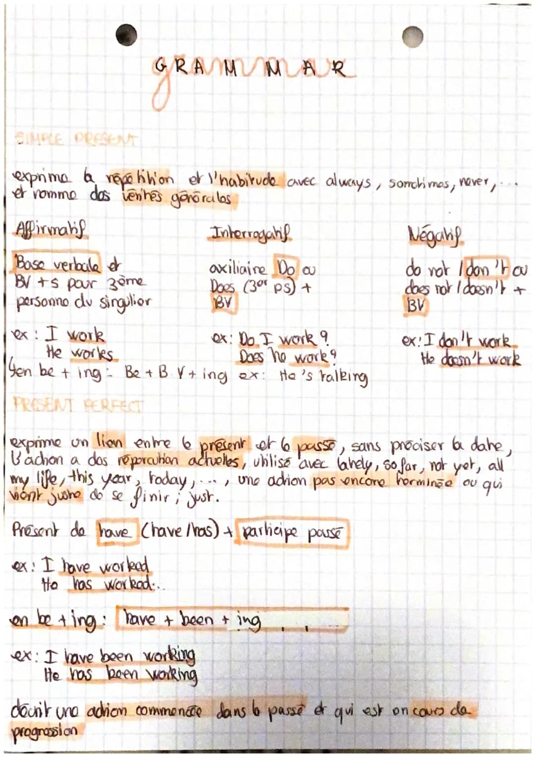 GRAMMAR
SIMPLE PRESENT
exprima la répétition et l'habitude avec always, sorrchimos, never,
et romme dos vernités gonorales
Affirmabil
Ba
