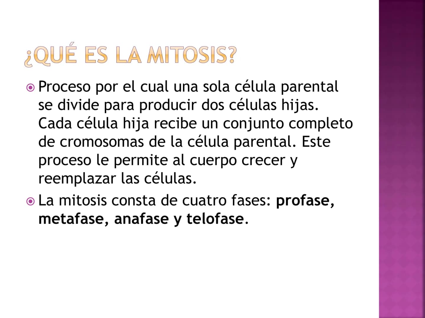 # PRÁCTICA DE
# MITOSIS # ¿QUÉ ES LA MITOSIS?
* Proceso por el cual una sola célula parental
se divide para producir dos células hijas.
C
