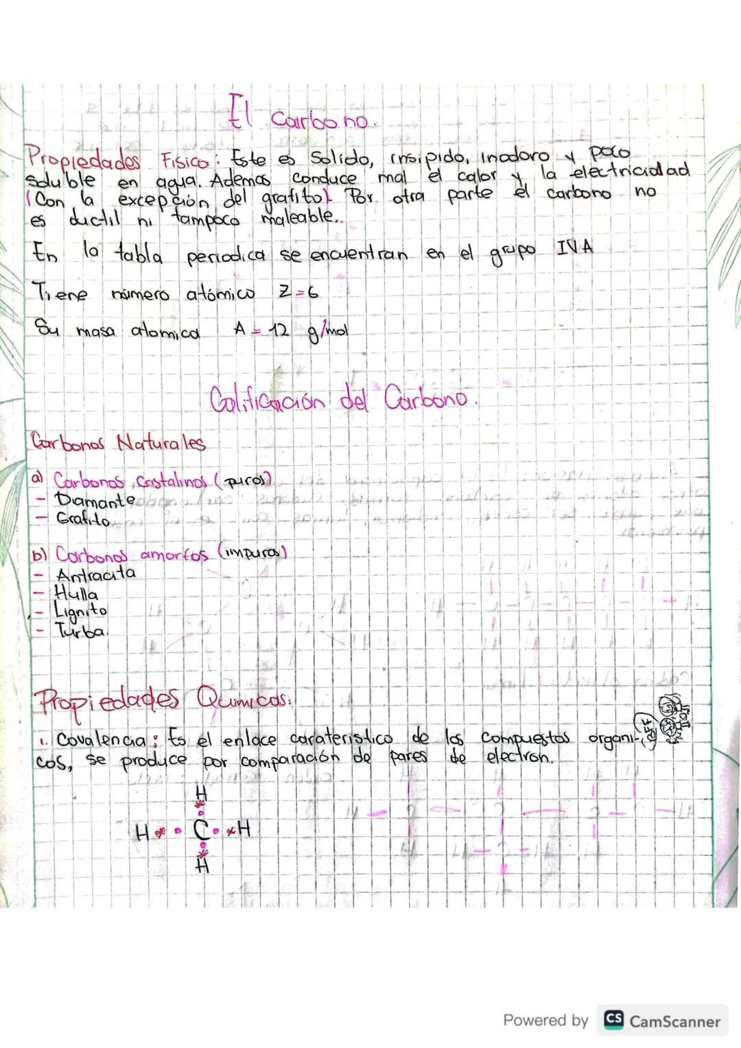 # El carbono.
Propiedades Fisico: Este es Solido, insipido, inodoro 4
soluble en agua. Ademas conduce mal el calor y la electricidad
(Con l