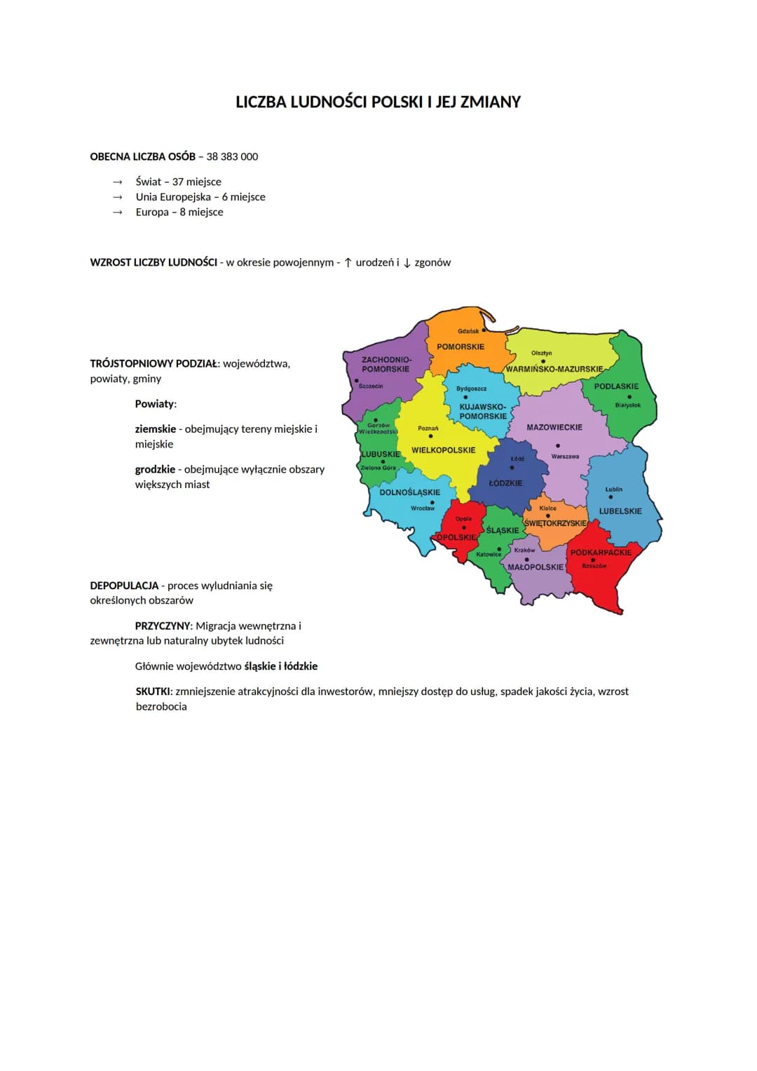 # LICZBA LUDNOŚCI POLSKI I JEJ ZMIANY
OBECNA LICZBA OSÓB - 38 383 000
- Świat - 37 miejsce
- Unia Europejska - 6 miejsce
- Europa 8 miejsc