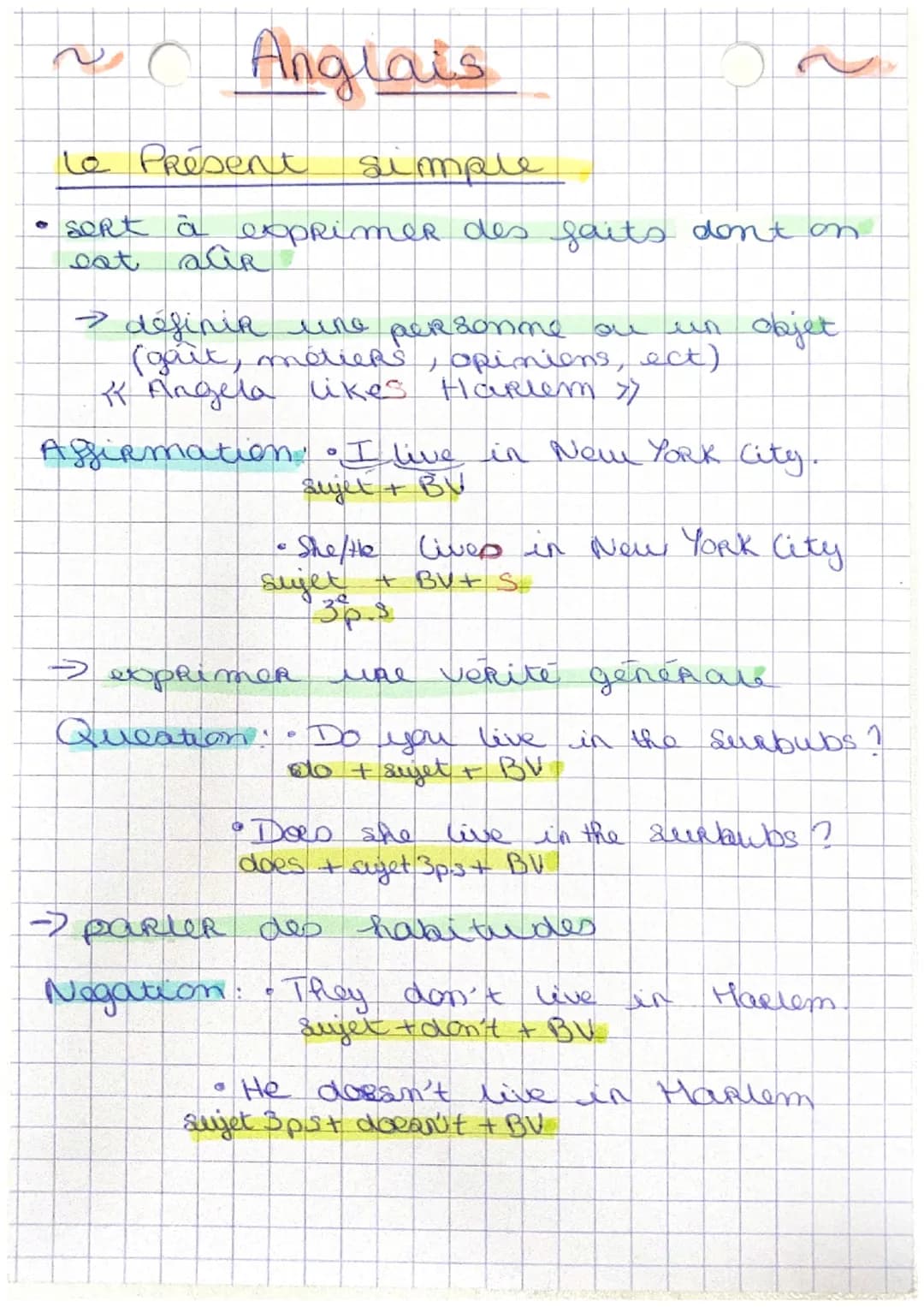 ~Anglais
Le Présent simple
• sert à exprimer des faits dont on
eat airR
> definir une personne ou un objet
(gaût, métiers, opiniens, ect)