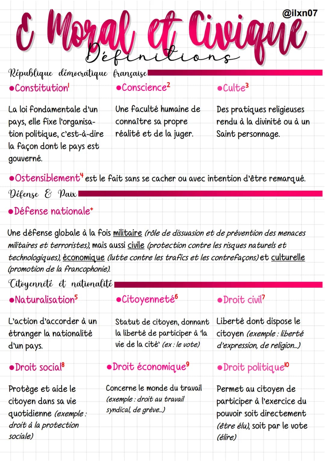 # & Moral et Civique
## Définitions
République démocratique françaisel
* Constitution'
* Conscience²
* Culte3
La loi fondamental