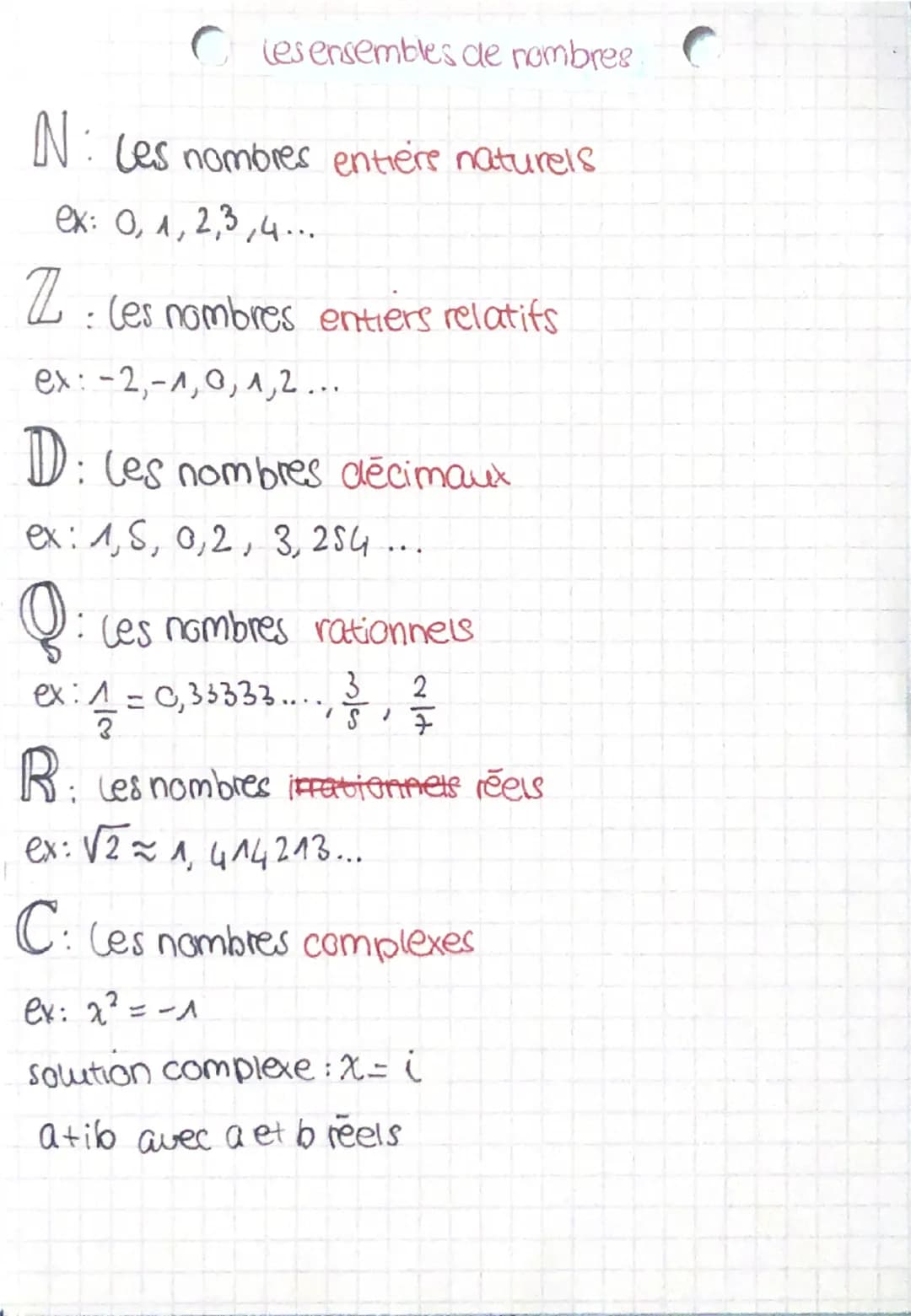 Cles ensembles de nombres C
N: Les nombres entiers naturels
ex: 0, 1,2,3,4...
2: les nombres entiers relatifs
ex: -2,-1,0,1,2...
D: les n