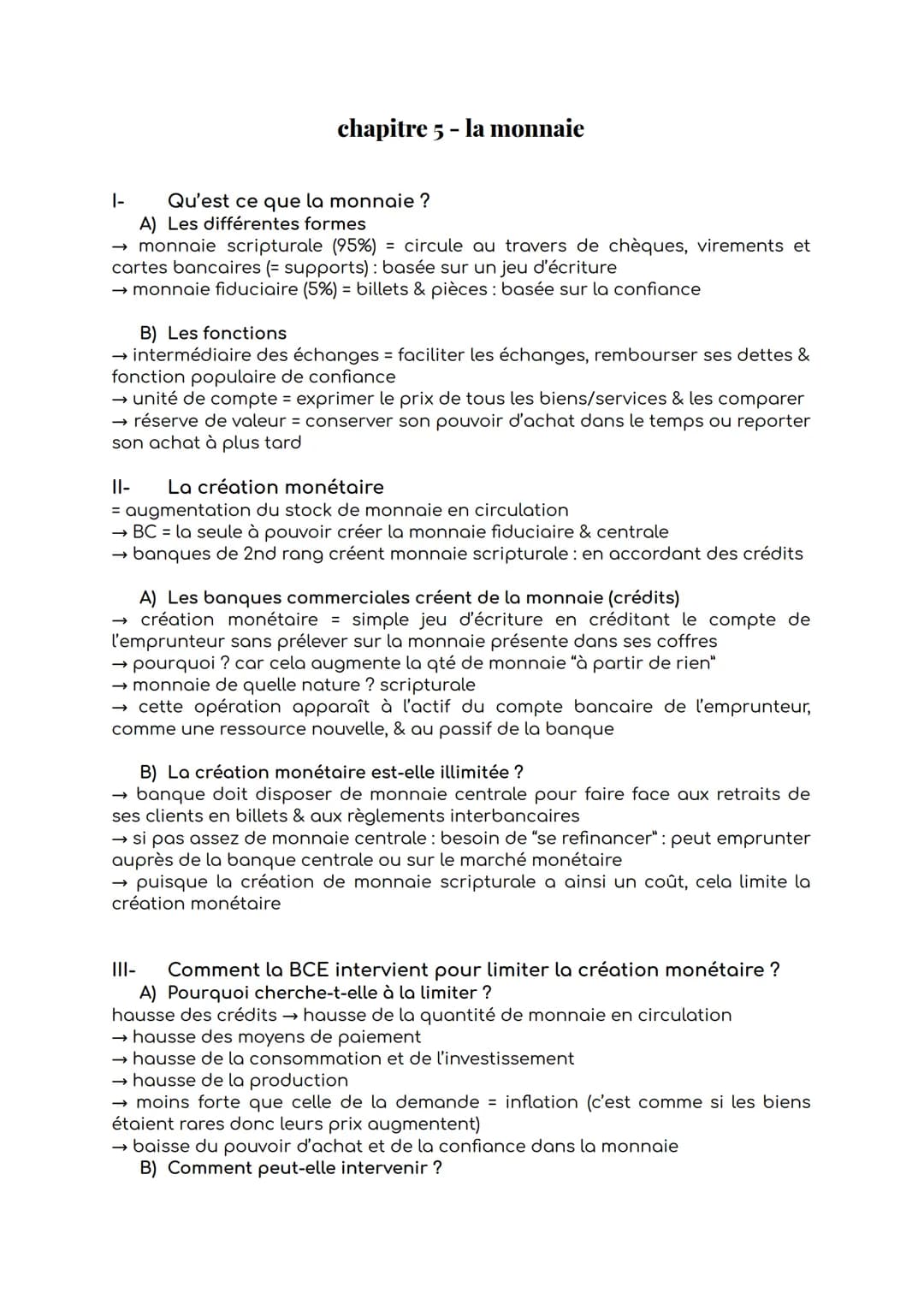 # chapitre 5 - la monnaie
|-
Qu'est ce que la monnaie?
A) Les différentes formes
→ monnaie scripturale (95%) = circule au travers de chèque