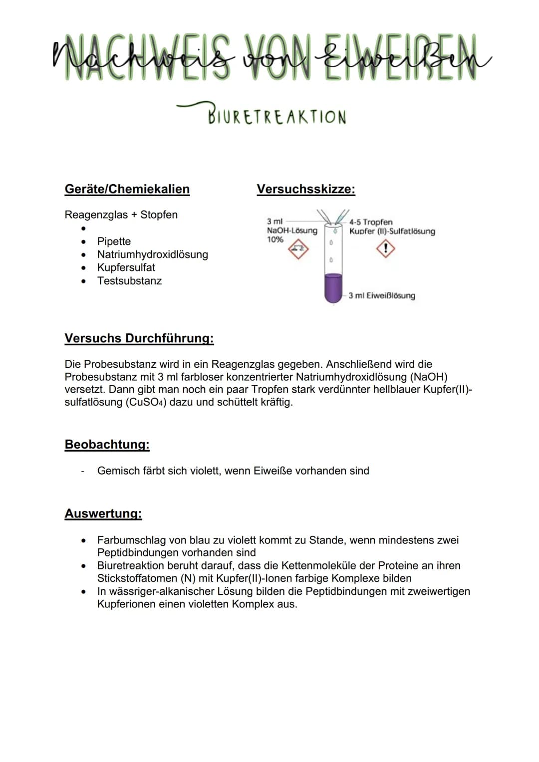# Nachweis von Eλασειβύη
Eiweißen
BIURETREAKTION
## Geräte/Chemiekalien
Reagenzglas + Stopfen
- Pipette
- Natriumhydroxidlösung
- Kupfe