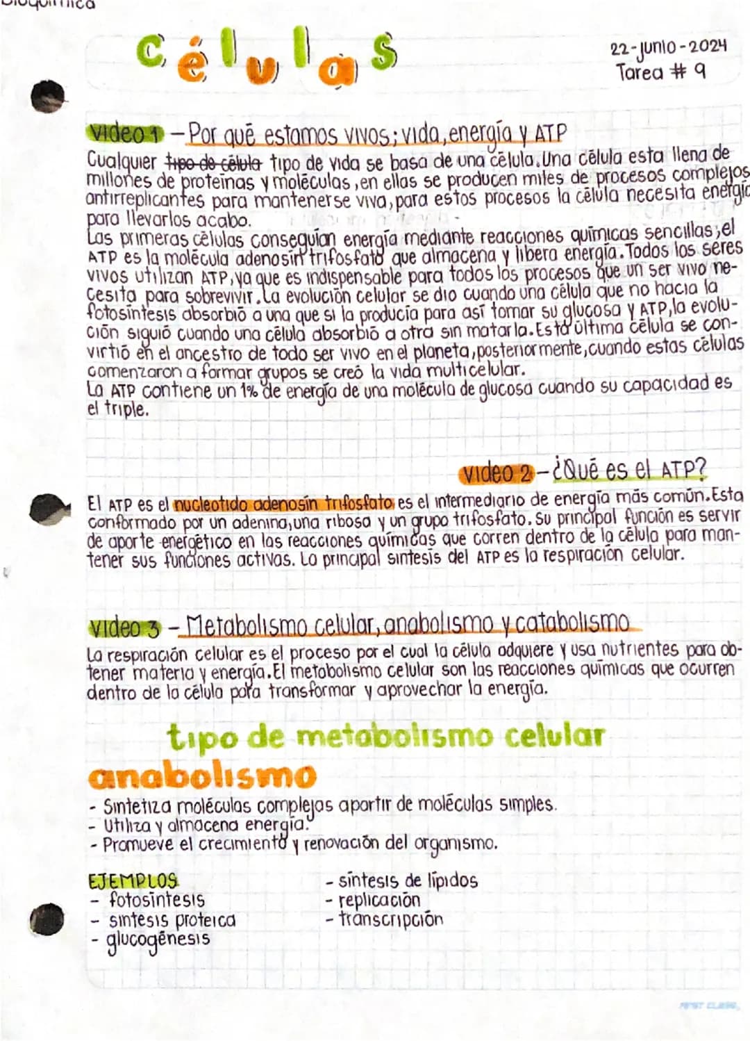 # células
22-Junio-2024
Tarea #9
video 1 - Por que estamos vivos; vida, energía y ATP
Cualquier tipo de célula tipo de vida se basa de un
