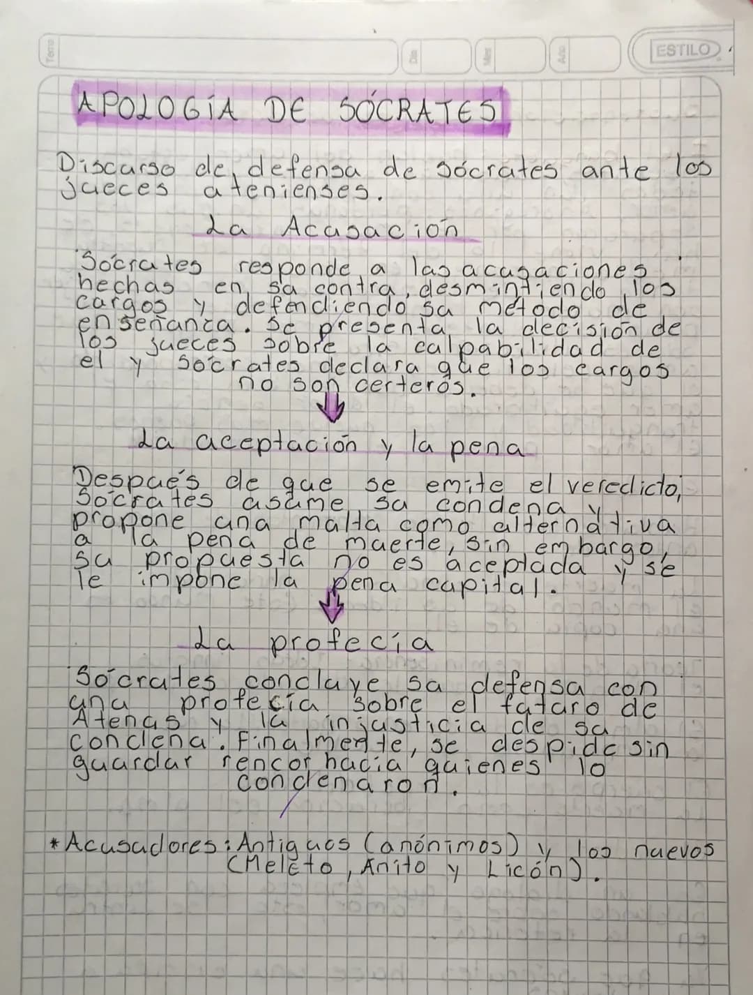 ESTILO
# APOLOGIA DE SOCRATES
Discurso de defensa de Sócrates ante los
jueces a tenienses.
## La Acasación
Socrates responde a las a cag