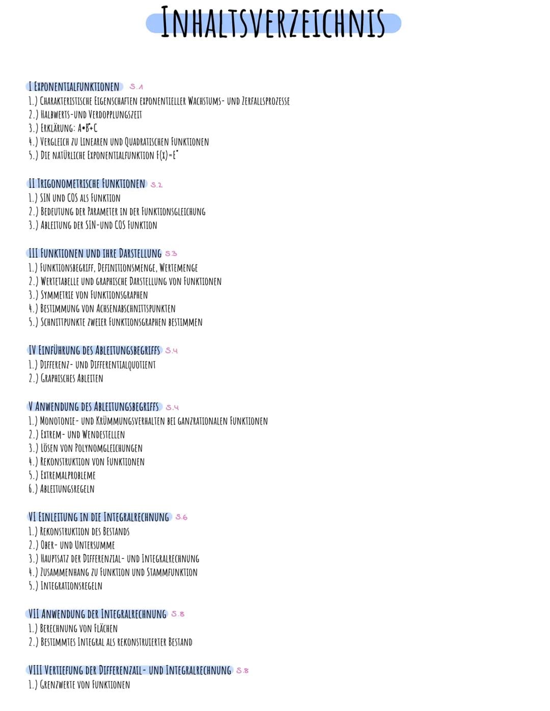 + ×
Mathe Abitur 2023
Lernzettel
- ÷ # INHALTSVERZEICHNIS
I EXPONENTIALFUNKTIONEN S.A
1.) CHARAKTERISTISCHE EIGENSCHAFTEN EXPONENTIELLER