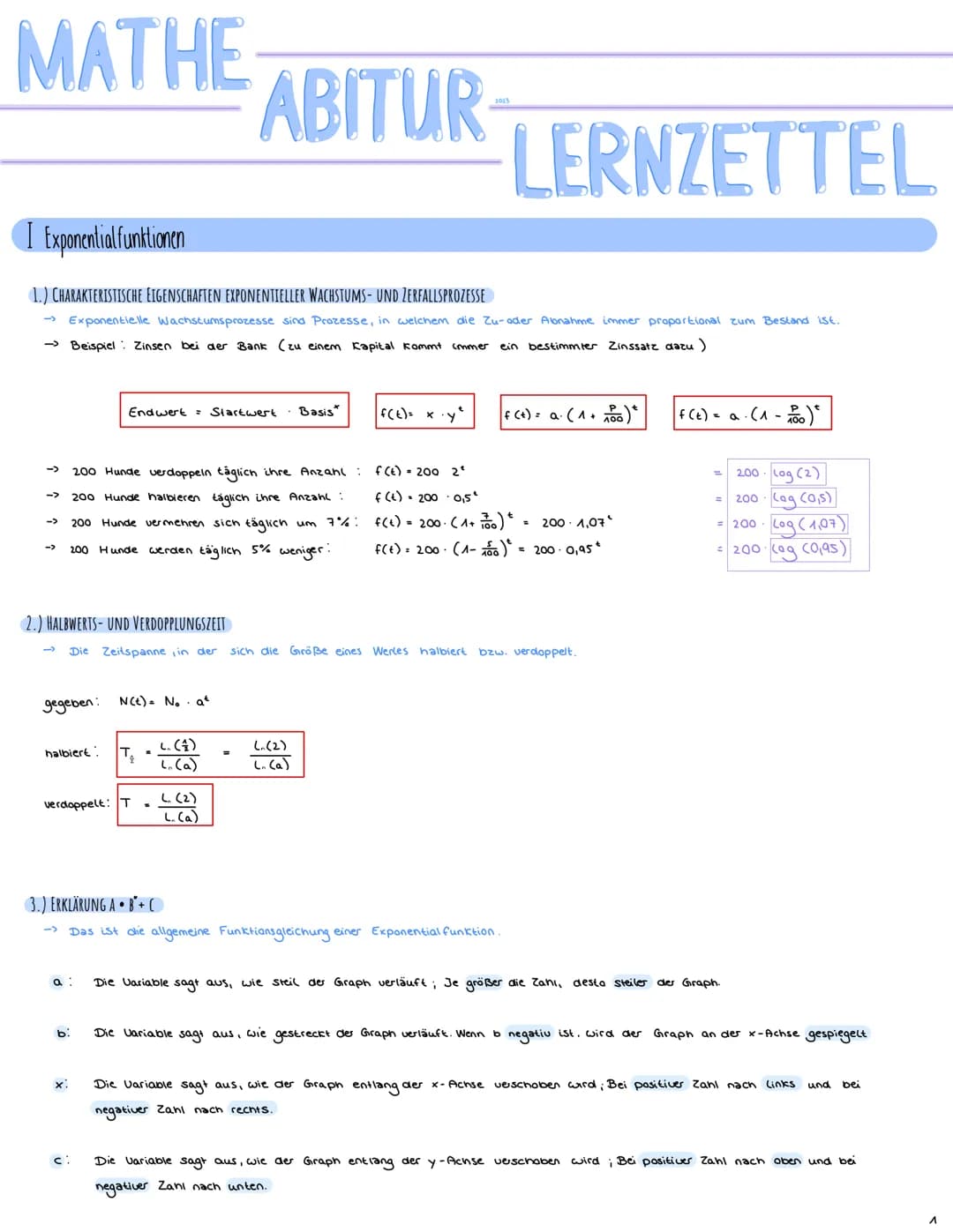 + ×
Mathe Abitur 2023
Lernzettel
- ÷ # INHALTSVERZEICHNIS
I EXPONENTIALFUNKTIONEN S.A
1.) CHARAKTERISTISCHE EIGENSCHAFTEN EXPONENTIELLER