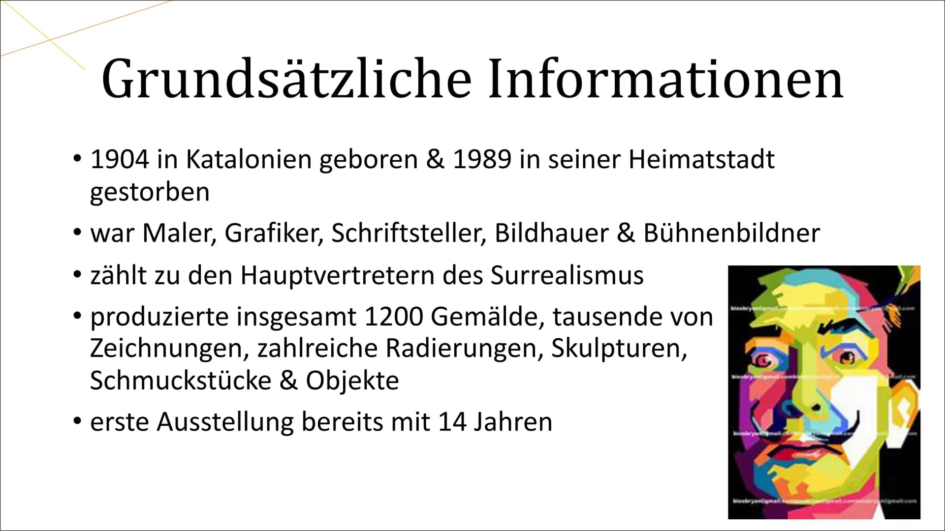 Salvador Dalí # Gliederung
* Grundsätzliche Informationen
* Lebenslauf
* Berühmte Werke von Dalí
* Surrealismus
* kritisch-parano