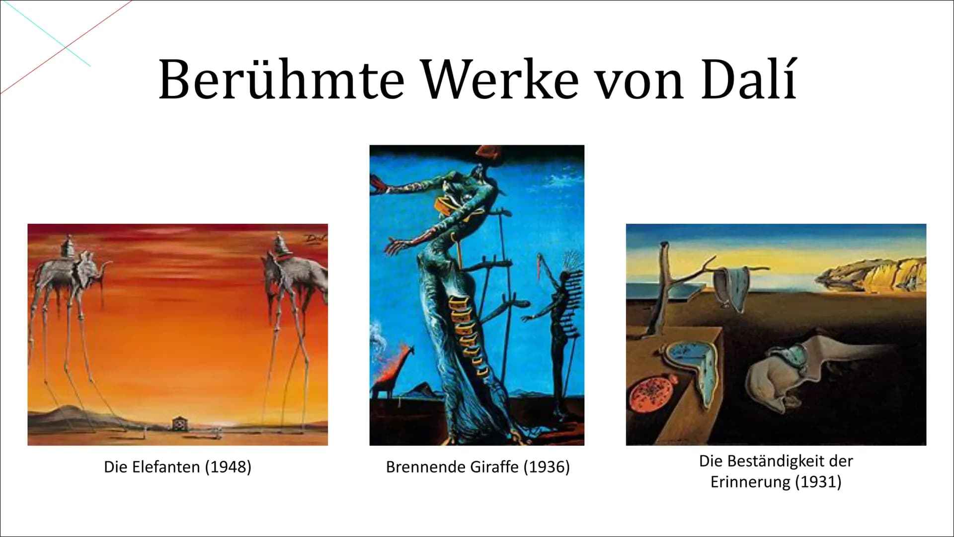 Salvador Dalí # Gliederung
* Grundsätzliche Informationen
* Lebenslauf
* Berühmte Werke von Dalí
* Surrealismus
* kritisch-parano