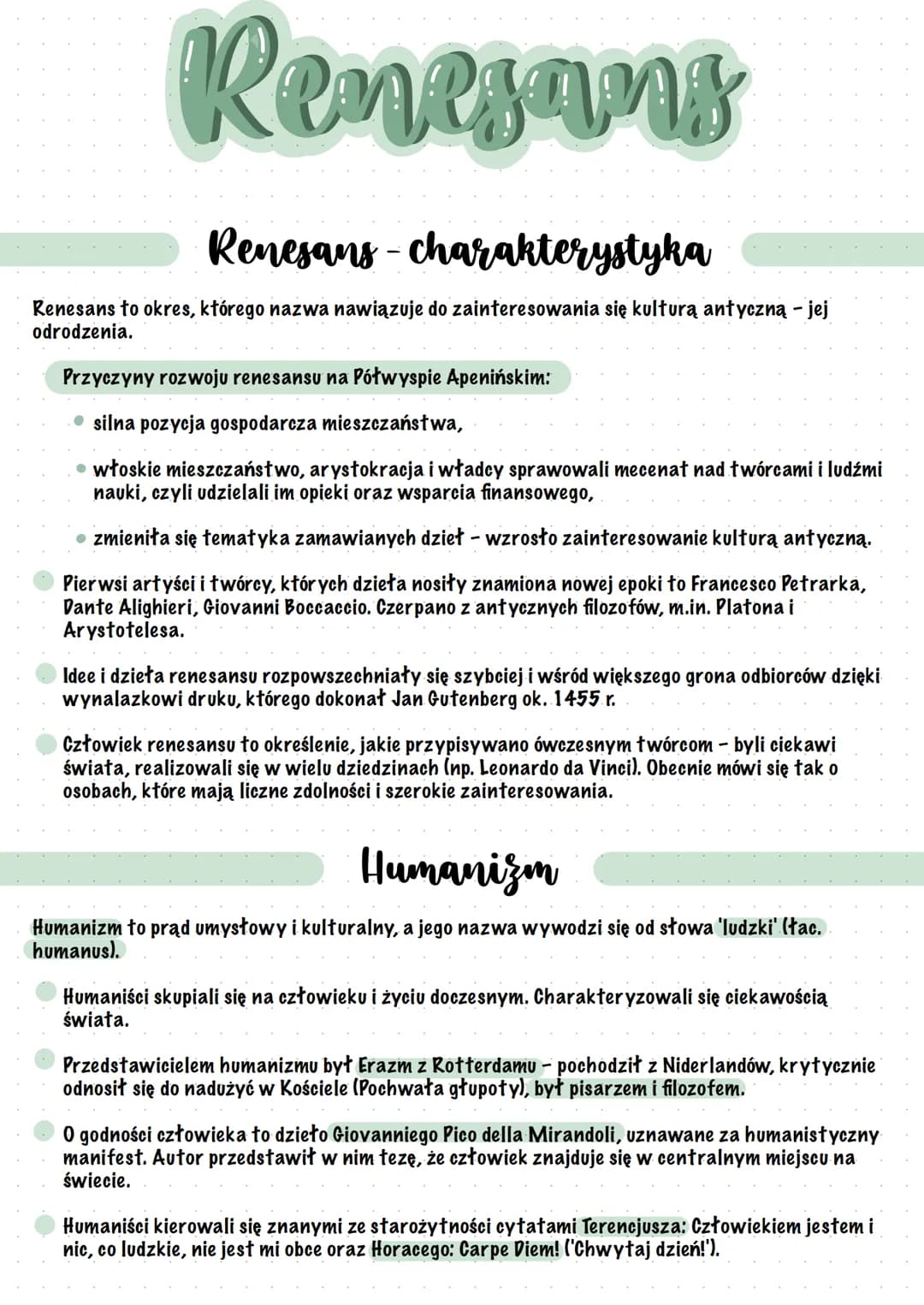 # Renesans
## Renesans - charakterystyka
Renesans to okres, którego nazwa nawiązuje do zainteresowania się kulturą antyczną - jej
odrodzen