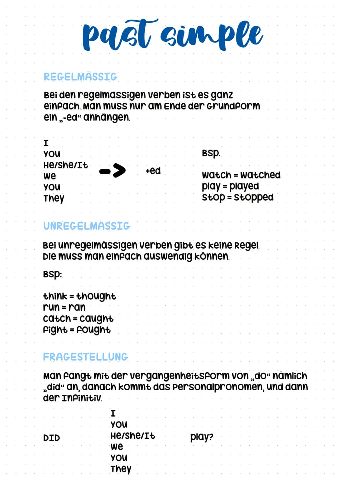 # past simple
REGELMÄSSIG
Bei den regelmässigen verben ist es ganz
einfach. Man muss nur am Ende der Grundform
ein „-ed" anhängen.
I
YOU