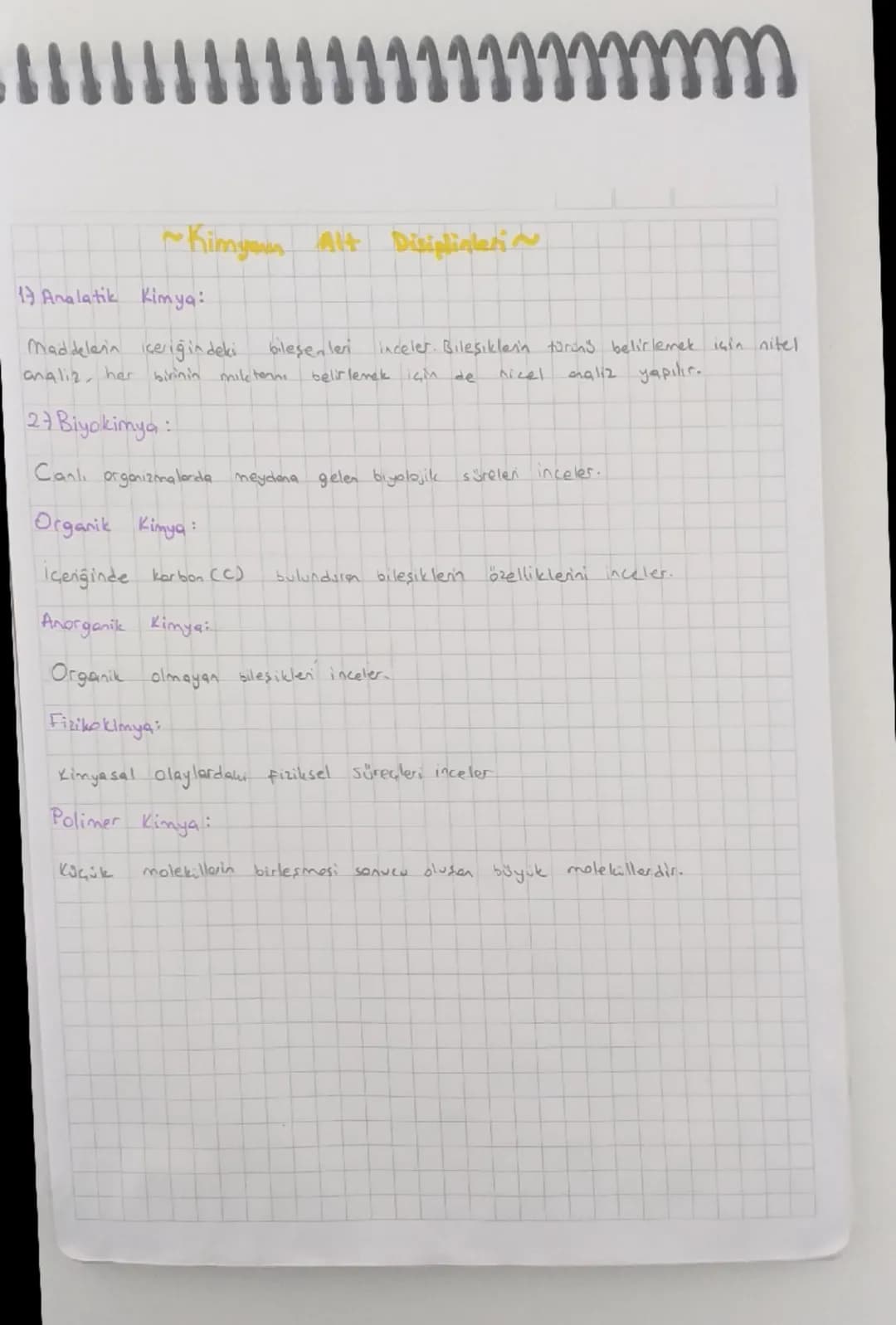 .................
~Kimyom Alt Disiplinlerin
Analatik Kimya:
Maddelerin içeriğindeki bileşenleri inceler. Bileşiklenin türing belirlemek iç