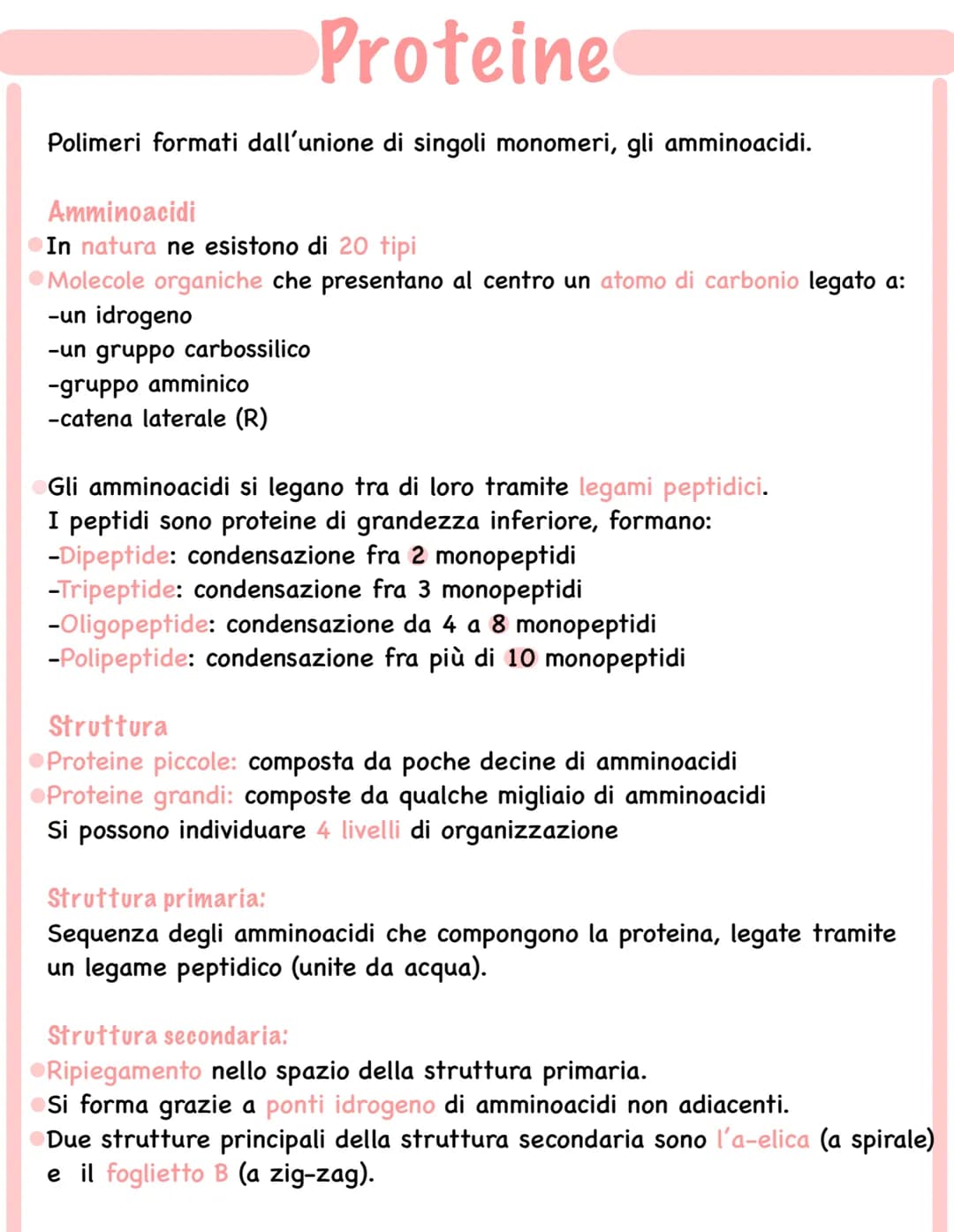 # Proteine
Polimeri formati dall'unione di singoli monomeri, gli amminoacidi.
Amminoacidi
In natura ne esistono di 20 tipi
•Molecole org