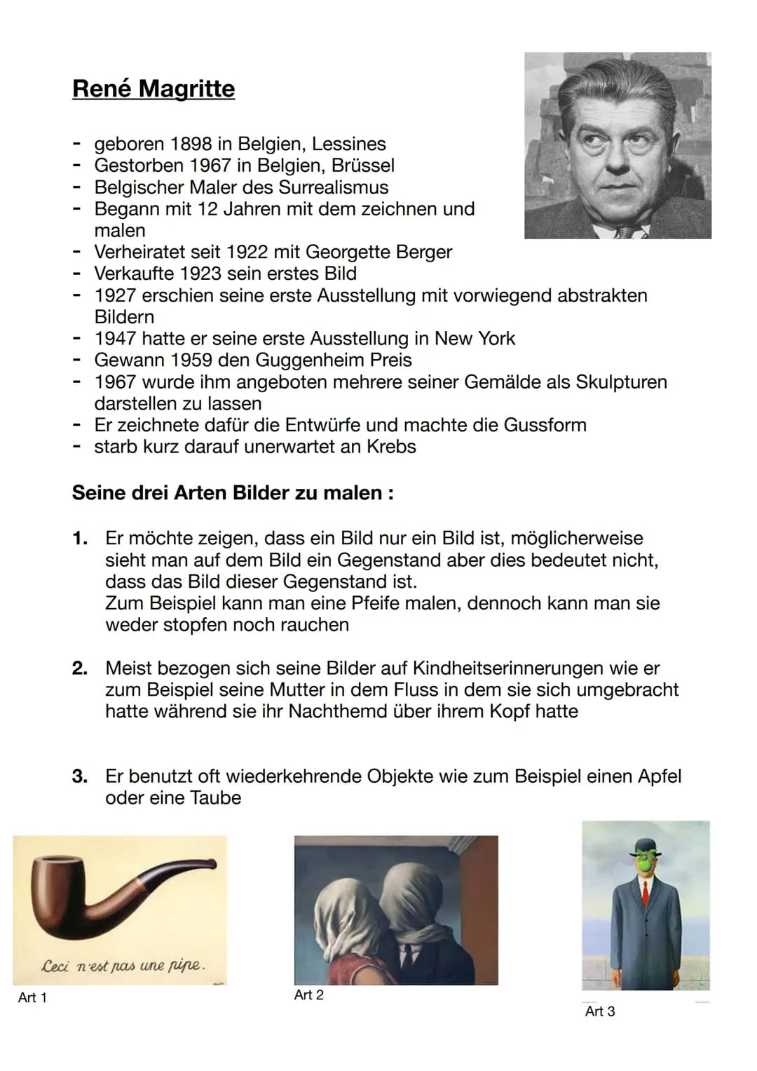 # René Magritte
- *geboren 1898 in Belgien, Lessines
- *Gestorben 1967 in Belgien, Brüssel
- *Belgischer Maler des Surrealismus
- *Begann mi