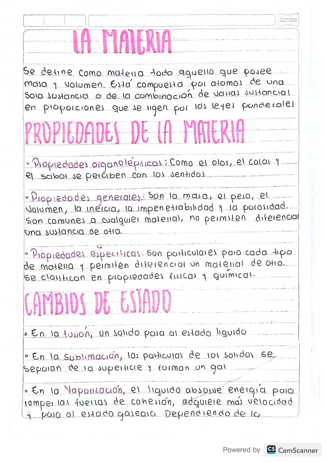 Scribe
# LA MATERIA
Se define como matella todo aquello que posee
masa y volumen. Está compuesta poi atomos de una
sola sustancia a de la c