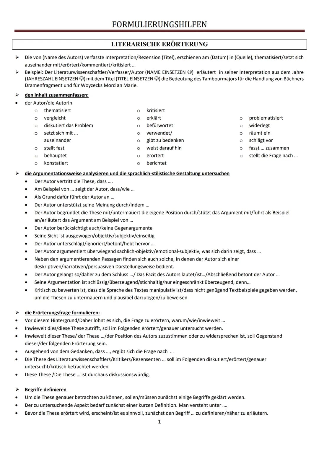 Literarische Erörterung eines Werkes (Aufgabe I)
✓ Voraussetzungen
* genaue Kenntnis des Werkes (Aufbau, Inhalt, Figuren, Motive, etc.)
*