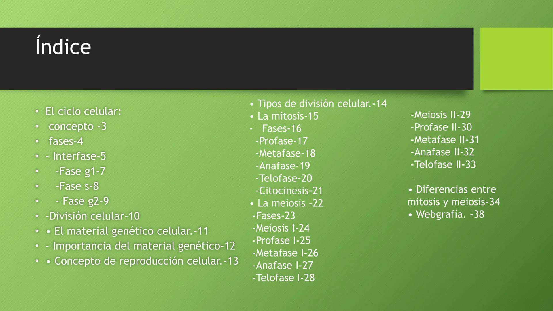 # La división celular:
## mitosis y meiosis
Alba Ruiz Martín # Índice
* El ciclo celular:
* concepto -3
* fases-4
* - Interfase-5