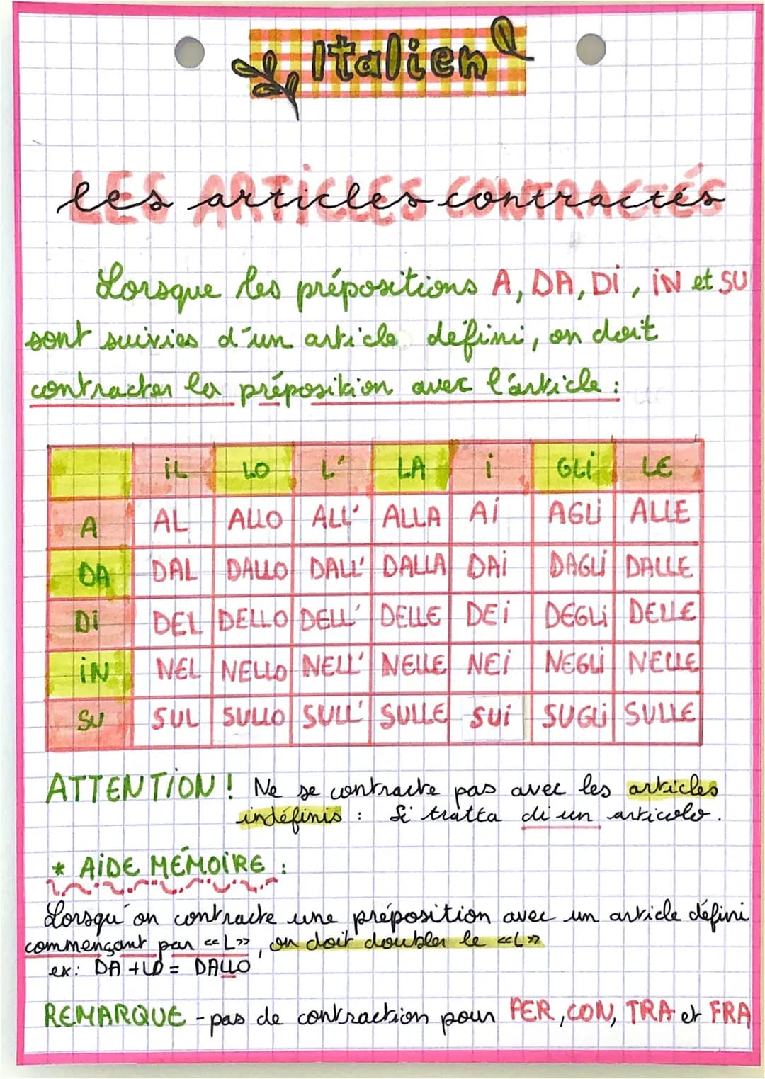 # Italien
les articles contractés
Lorsque les prépositions A, DA, DI, IN et SU
sont suivies d'un article defini, on deit
contracker la pré