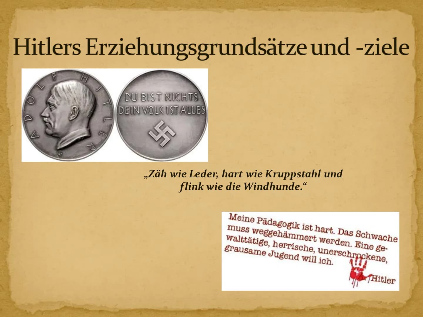 Erziehung im Nationalsozialismus # Inhaltsverzeichnis
1. Kurzbiographie Adolf Hitler
2. Hitlers Erziehungsgrundsätze und -ziele
3. Vorschul