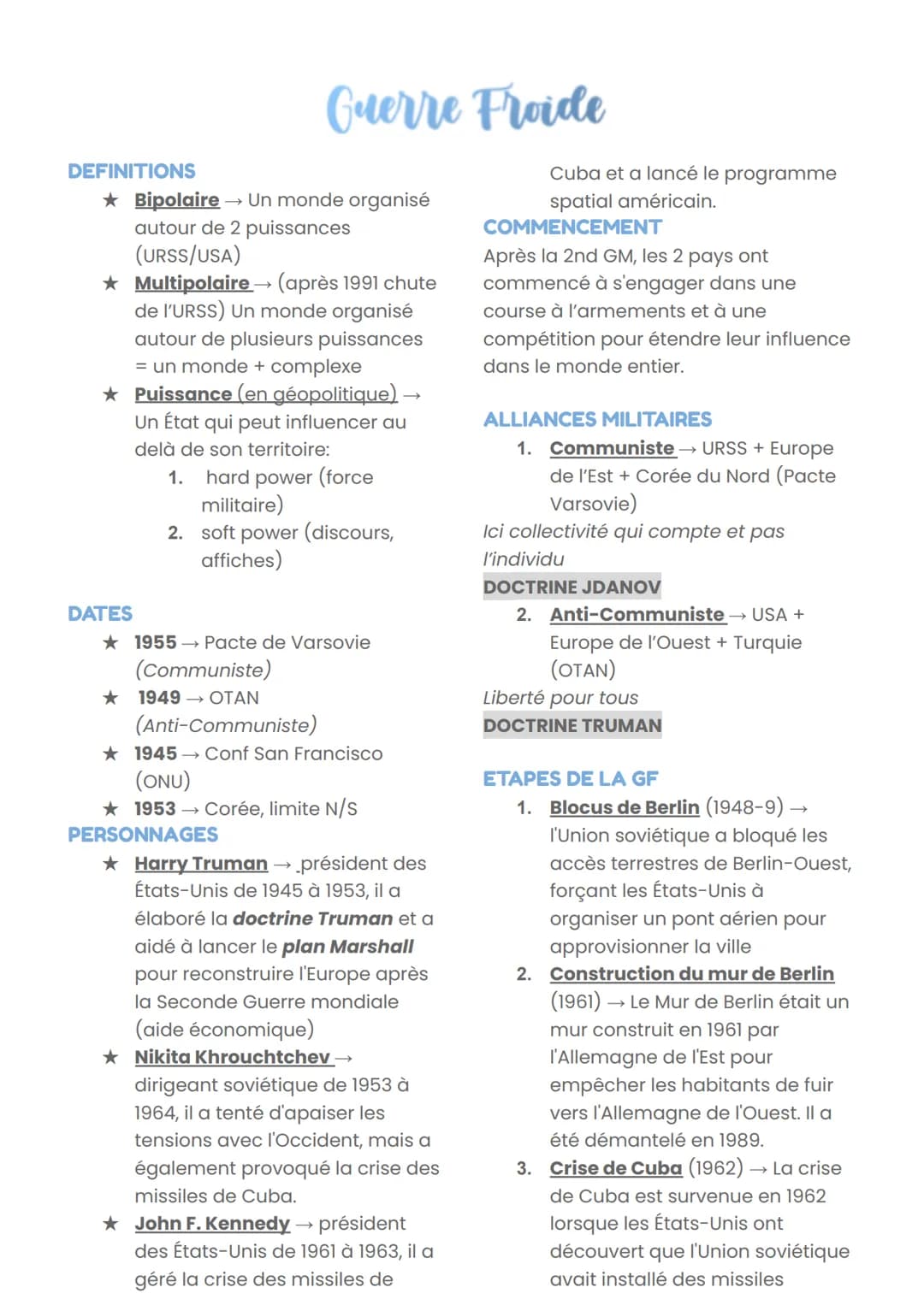 # Guerre Froide
DEFINITIONS
★ Bipolaire → Un monde organisé
autour de 2 puissances
(URSS/USA)
★ Multipolaire → (après 1991 chute
de l'URS