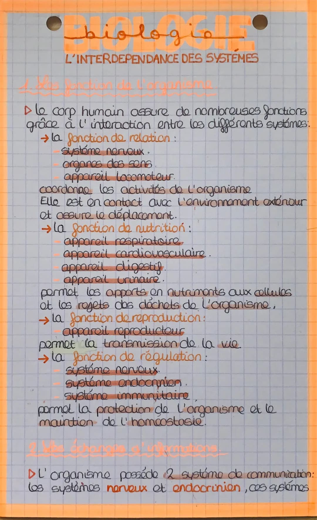 # biologia
L'INTERDEPENDANCE DES SYSTÉMES
▷ le corp humain assure de nombreuses fonctions
grâce à l' interaction entre les différents syst