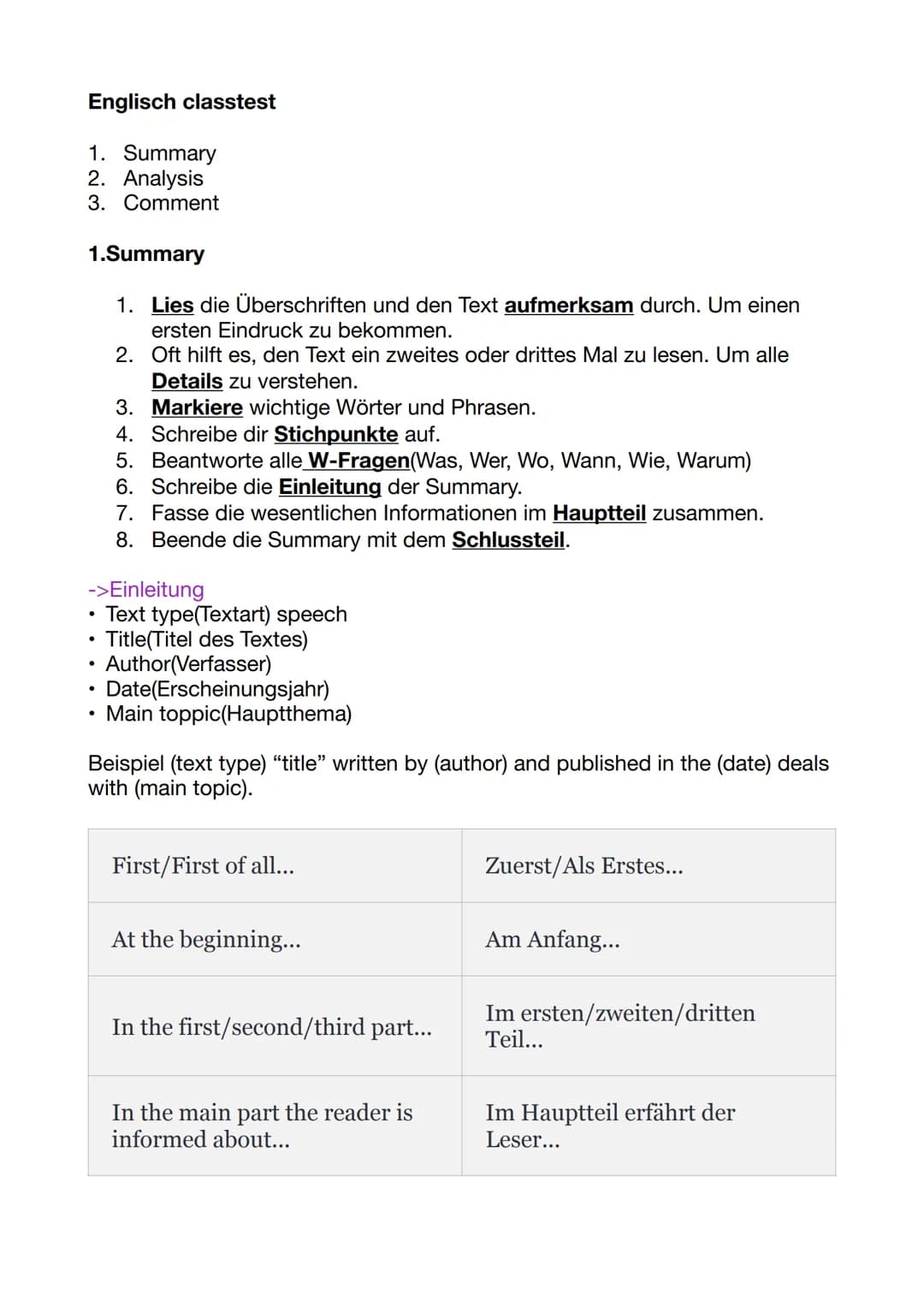 Englisch classtest
1. Summary
2. Analysis
3. Comment
1.Summary
1. Lies die Überschriften und den Text aufmerksam durch. Um einen
ersten E