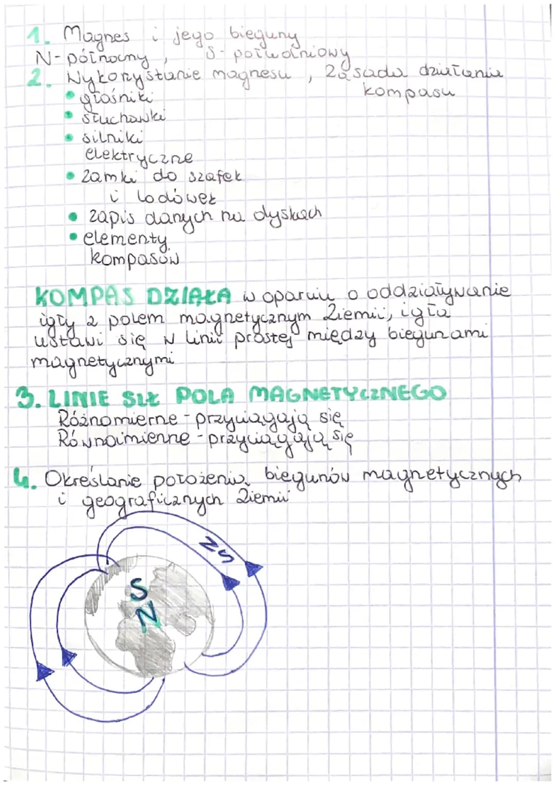 1. Magnes i jego bieguny
N-poinoany, S-poiudniowy
2. Nykorystanie magnesu, zasada działania.
kompasu
* głośniki
* Stuchawki
* silniki