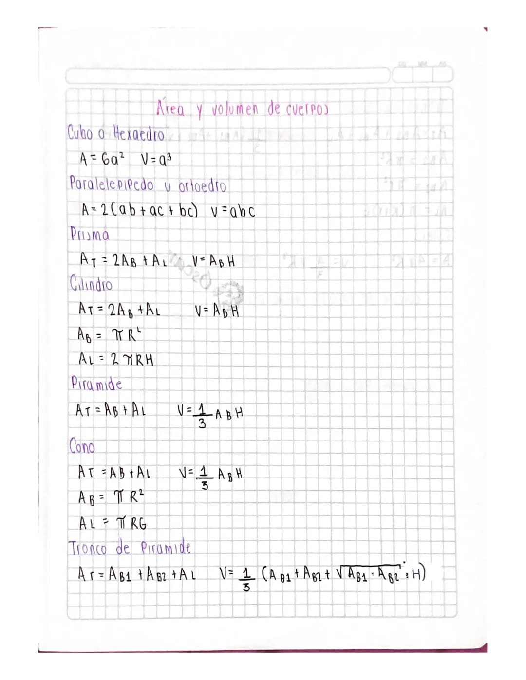 Area y volumen de cuerpos
Cubo o Hexaedro
A=6a² V=q3
Paralelepipedo u ortoedro
A=2(ab+ac+bc) v=abc
Prisma
AT2AB+AL V-ABH
Cilindro
AT=2AB+AL