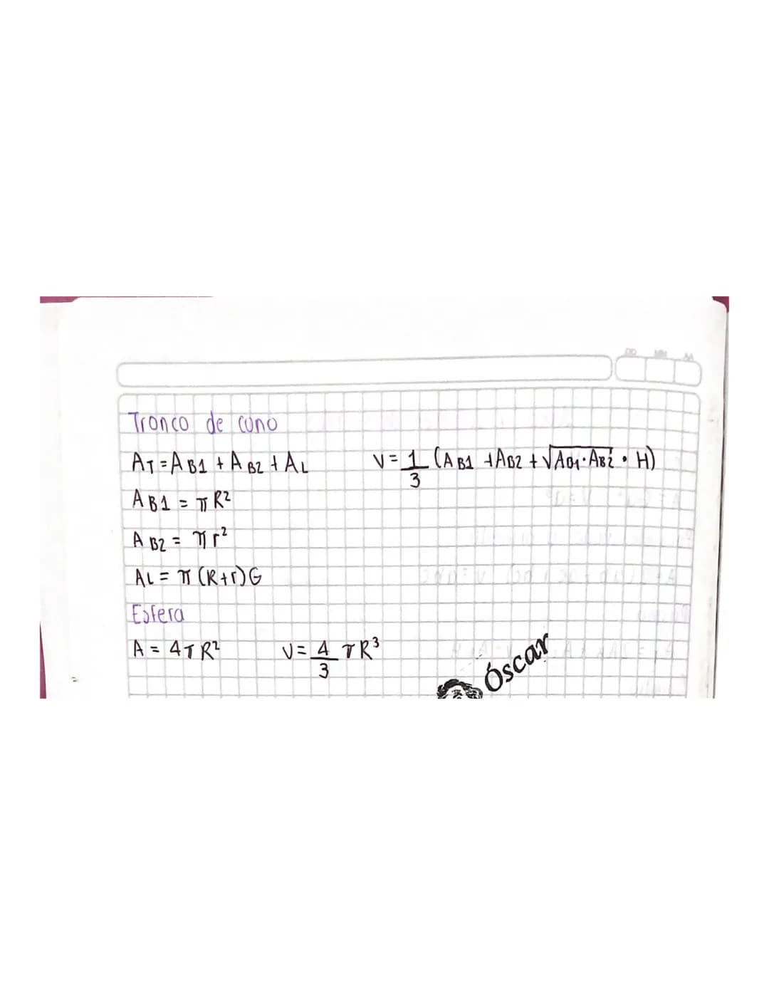 Area y volumen de cuerpos
Cubo o Hexaedro
A=6a² V=q3
Paralelepipedo u ortoedro
A=2(ab+ac+bc) v=abc
Prisma
AT2AB+AL V-ABH
Cilindro
AT=2AB+AL