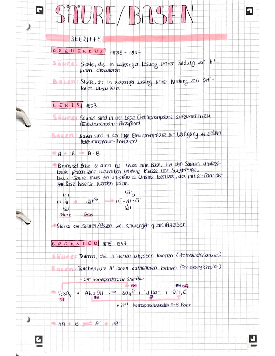 # SÄURE/BASEN
BEGRIFFE
ARRHENIUS 1859-1927
Säure: Stoffe, die in wässriger Lösung unter Bildung von H+-
lonen dissozieren.
Basen: Stoffe