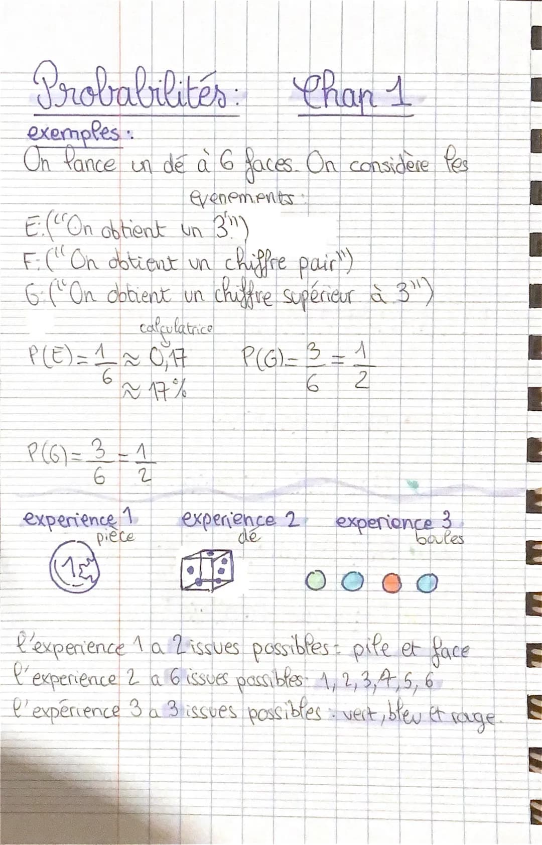 # Probabilités: Chap 1
exemples:
On lance un dé à 6 faces. On considère Pes
evenements
E:("On obtient un 3")
F. ("On obtient un chiffre pai