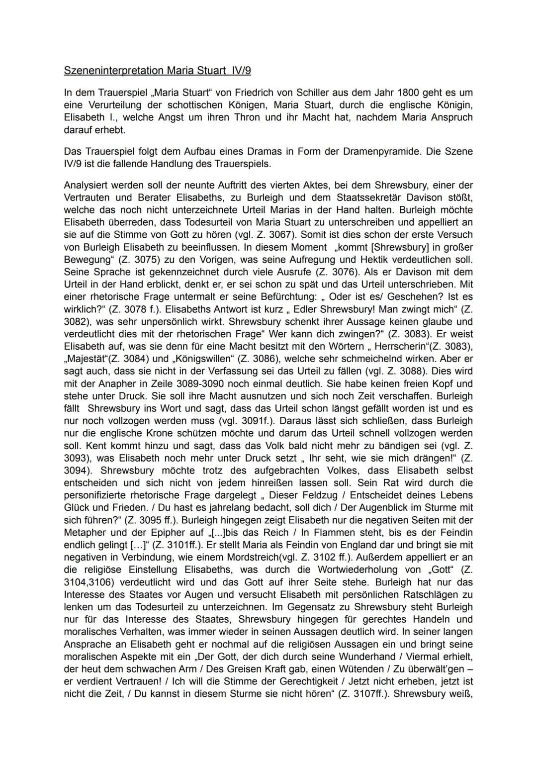 # Szeneninterpretation Maria Stuart IV/9
In dem Trauerspiel „Maria Stuart von Friedrich von Schiller aus dem Jahr 1800 geht es um
eine Veru