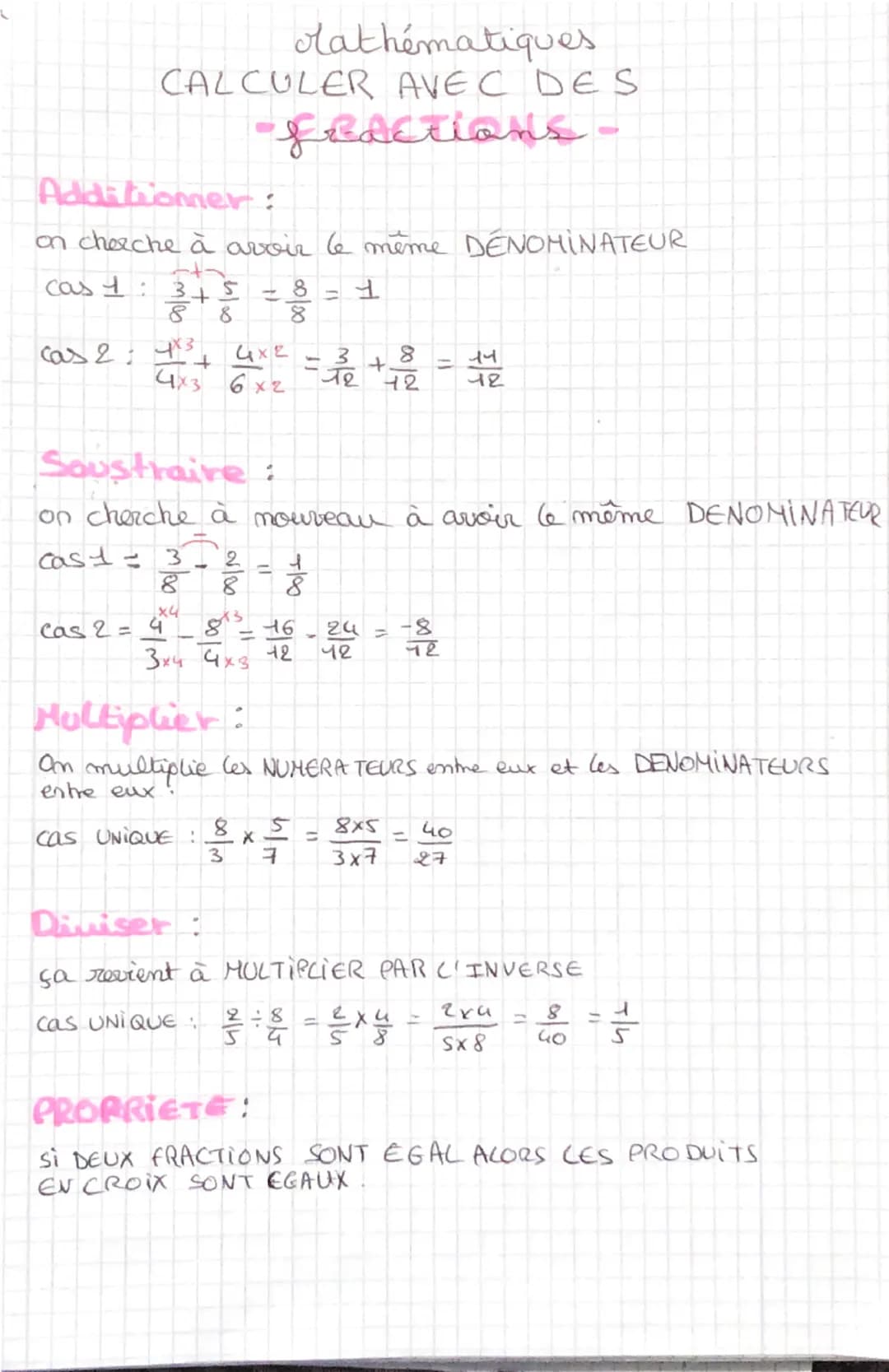 # Mathématiques
CALCULER AVEC DES
-fractions-
Additiomer:
on cherche à avoir le même DENOMINATEUR
cas 1: $\frac{3}{8} + \frac{5}{8} = \