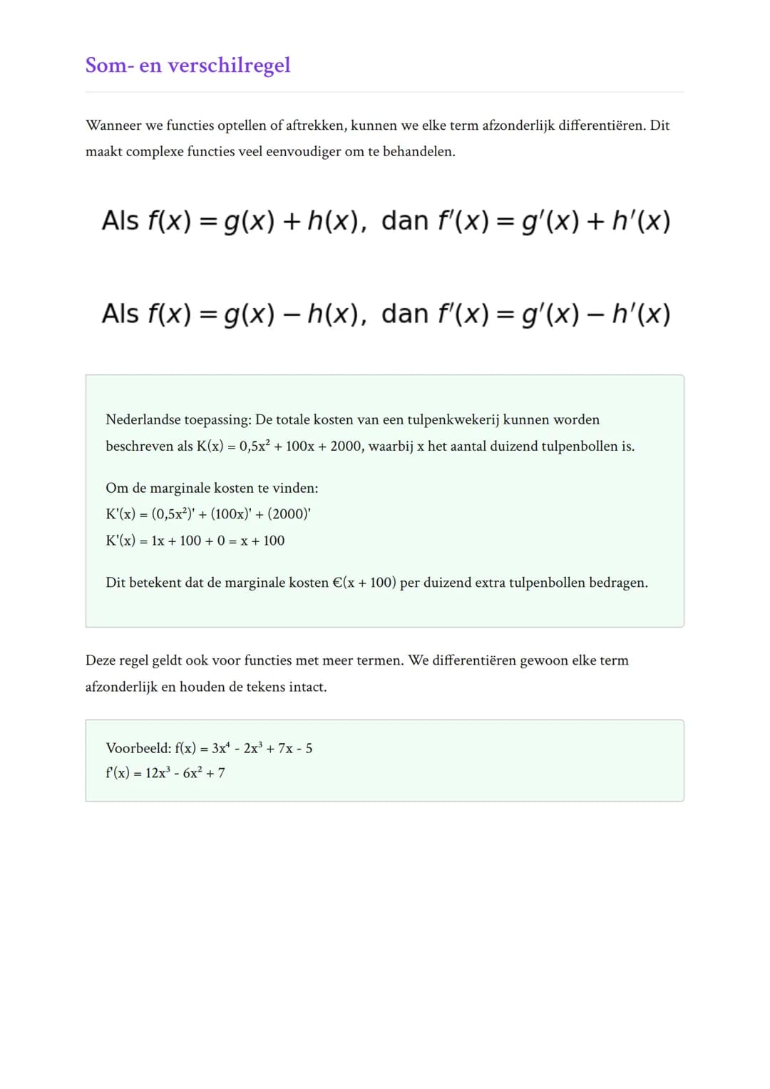 Differentiëren en Toepassingen:
Basisregels van differentiëren
Leer de fundamentele regels voor het differentiëren van functies
Wiskunde B •