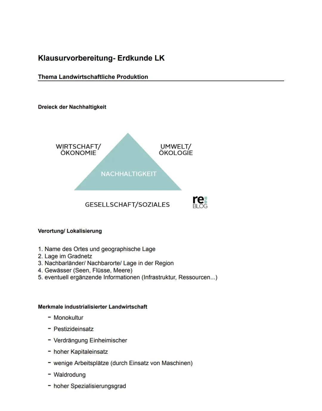 # Klausurvorbereitung- Erdkunde LK
## Thema Landwirtschaftliche Produktion
Dreieck der Nachhaltigkeit
WIRTSCHAFT/
ÖKONOMIE
UMWELT/
ÖKOLO