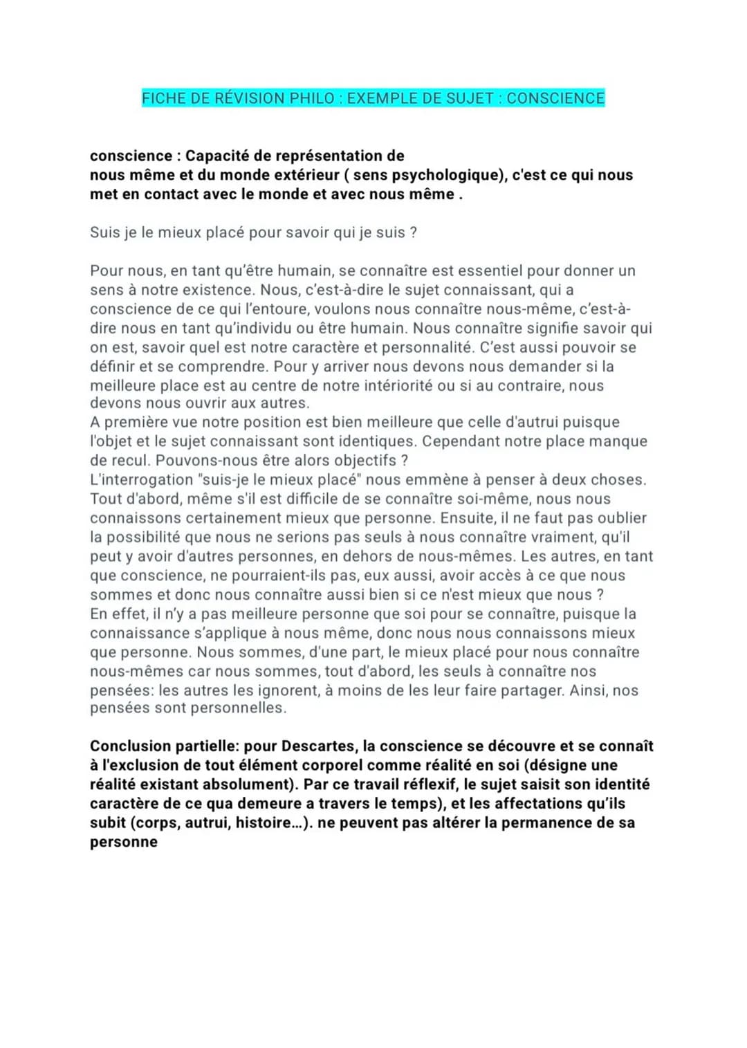 # FICHE DE RÉVISION PHILO: EXEMPLE DE SUJET: CONSCIENCE
conscience: Capacité de représentation de
nous même et du monde extérieur (sens psy