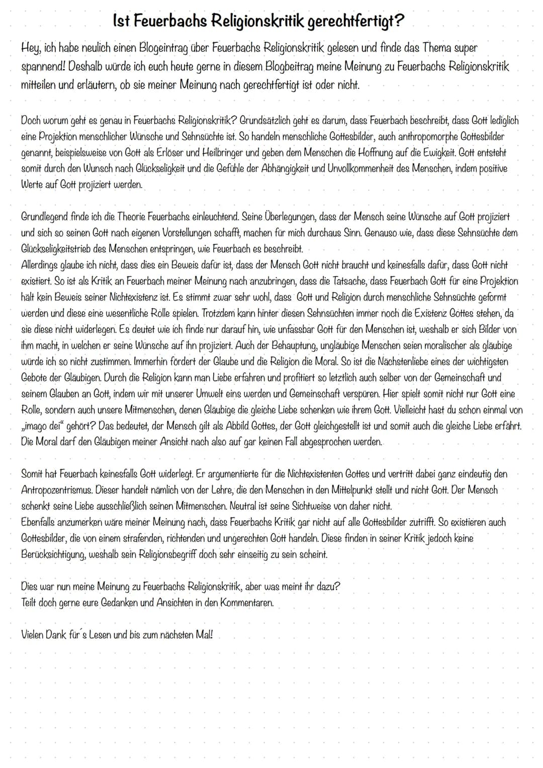 # Ist Feuerbachs Religionskritik gerechtfertigt?
Hey, ich habe neulich einen Blogeintrag über Feuerbachs Religionskritik gelesen und finde