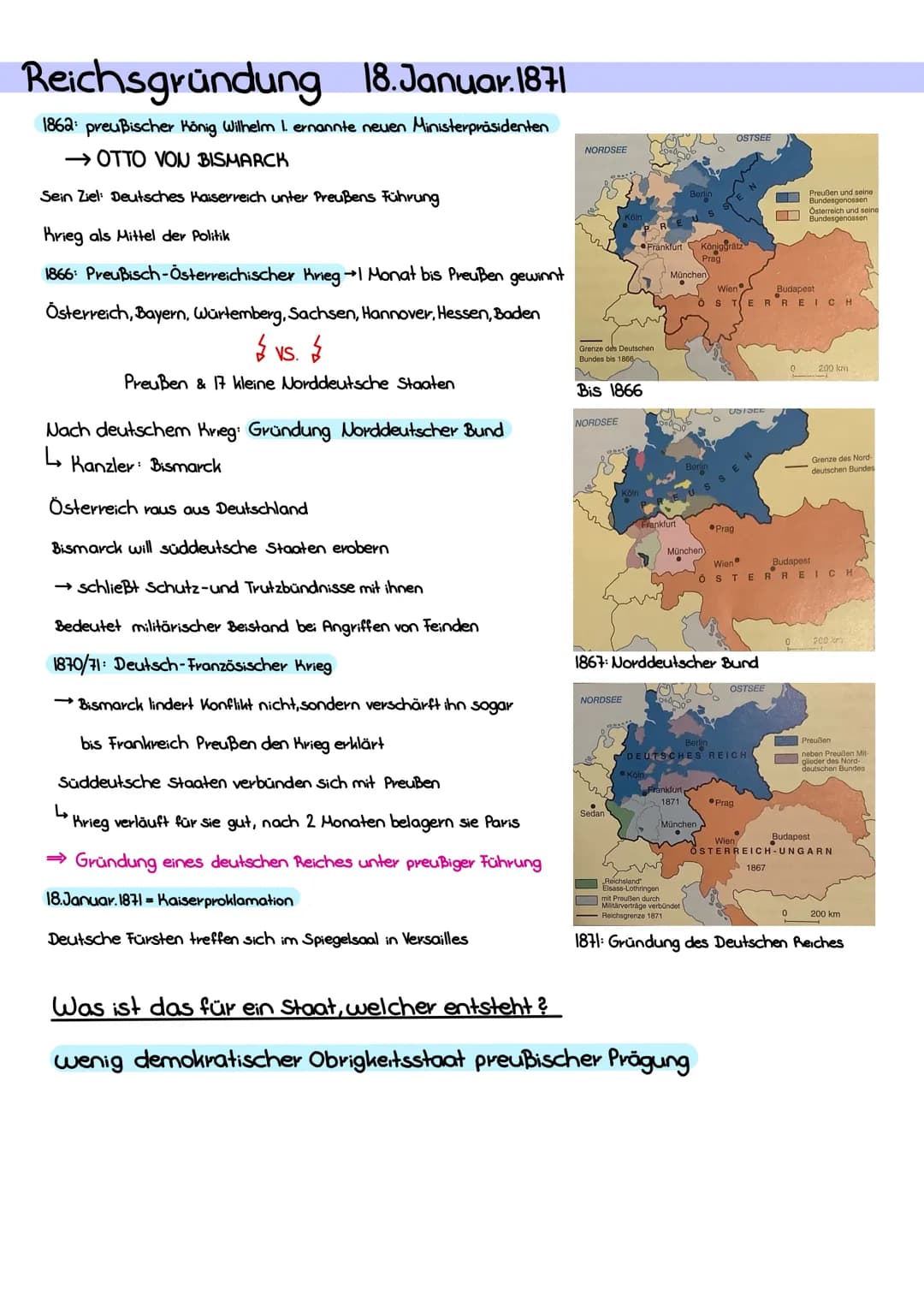 <p>Am 18. Januar 1871 fand die Reichsgründung statt. Zuvor hatte der preußische König Wilhelm I. im Jahr 1862 den neuen Ministerpräsidenten