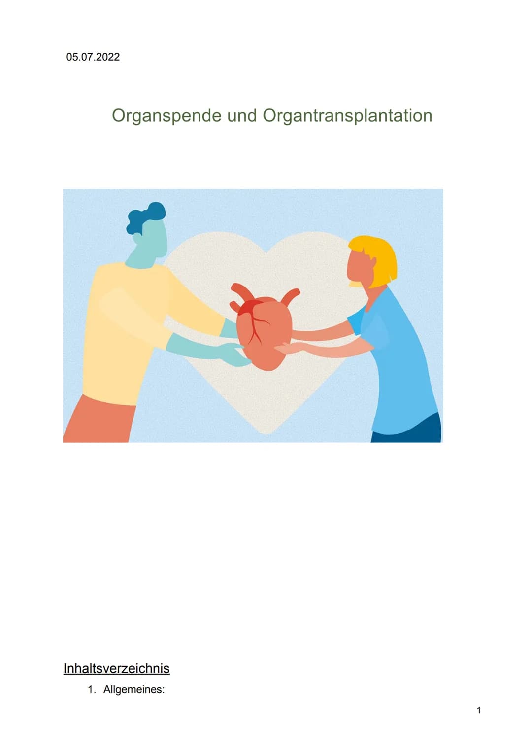 05.07.2022
Organspende und Organtransplantation
Inhaltsverzeichnis
1. Allgemeines:
1 1.1 Die Organspende
1.2 Die Organtransplantat