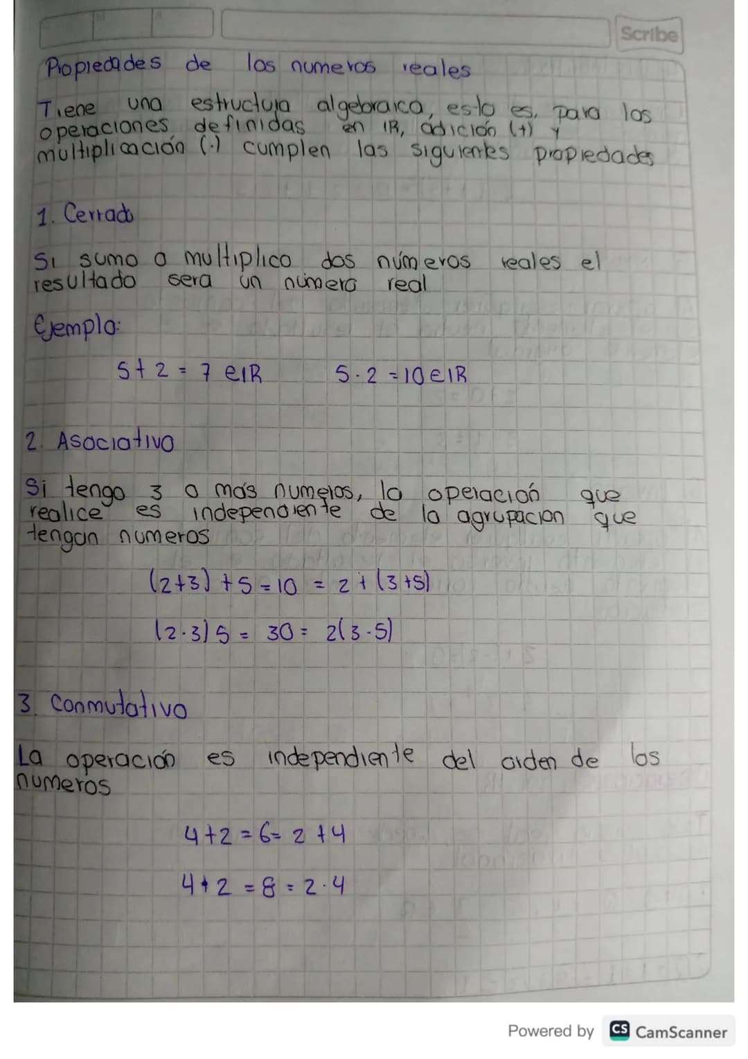 Scribe
# Propiedades de los numeros reales
Tiene una estructura algebraica, esto es, para los
operaciones definidas en IR, adición (+)
mult