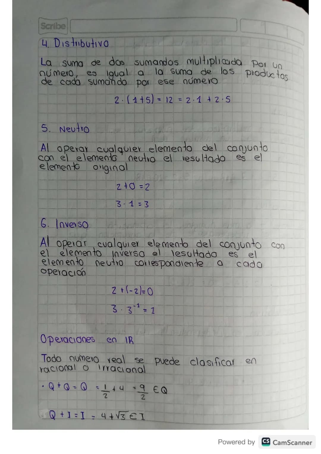 Scribe
# Propiedades de los numeros reales
Tiene una estructura algebraica, esto es, para los
operaciones definidas en IR, adición (+)
mult