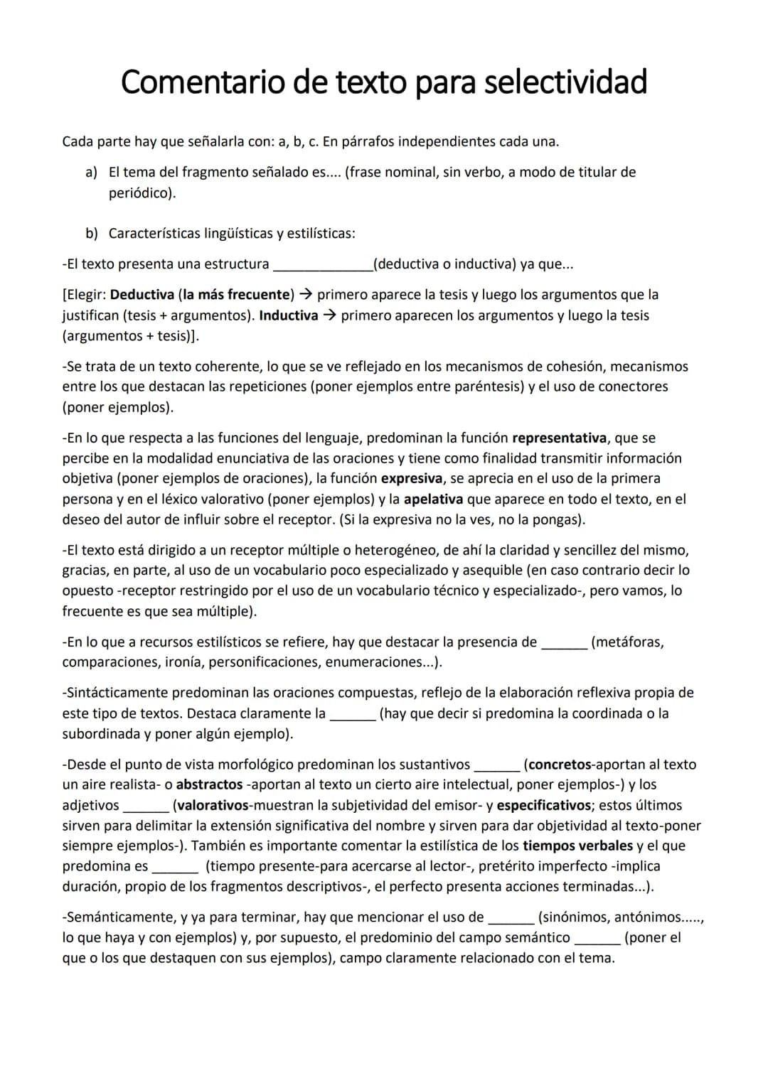 # Comentario de texto para selectividad
Cada parte hay que señalarla con: a, b, c. En párrafos independientes cada una.
a) El tema del fra