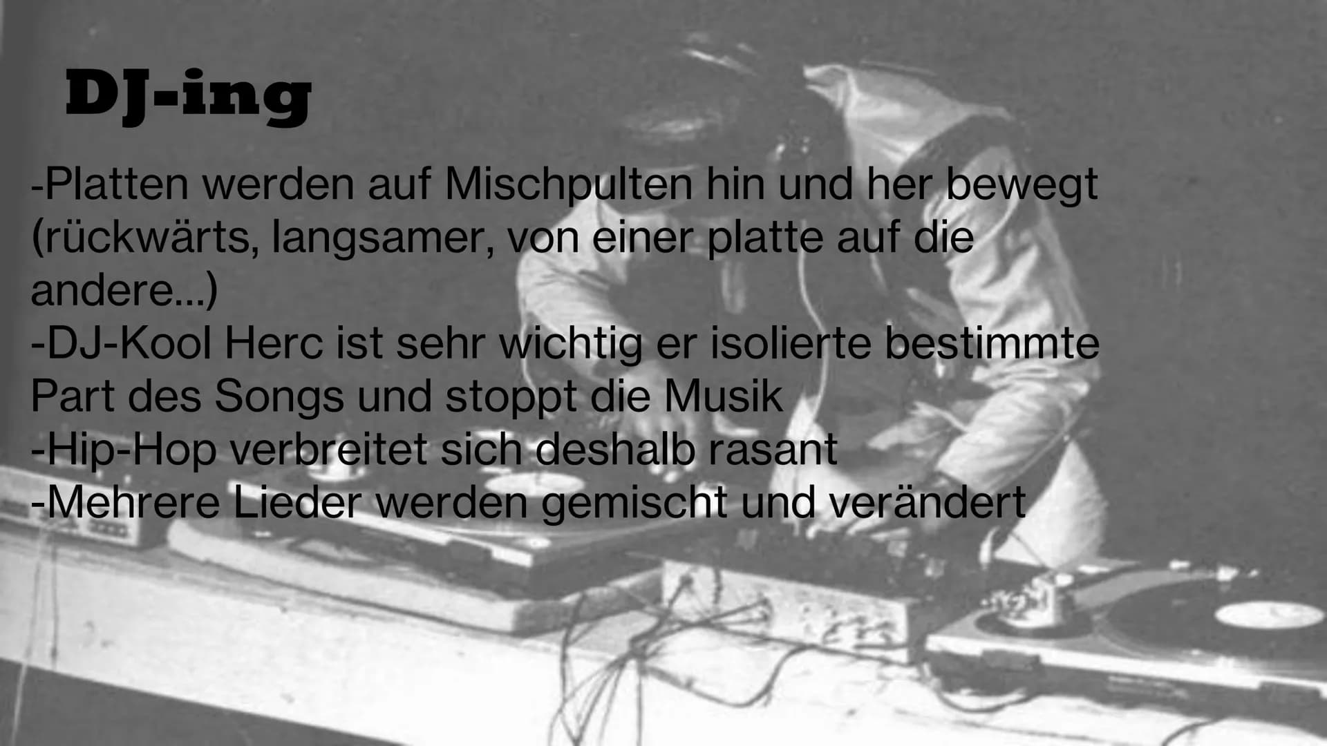 Hip-Hop
Eine Präsentation von
Elena&Aileen Inhalt
• Entstehung des Hip-Hop
• Aufbau&Merkmale
• 4 Elemente
• Instrumente
• Berühmte Personen